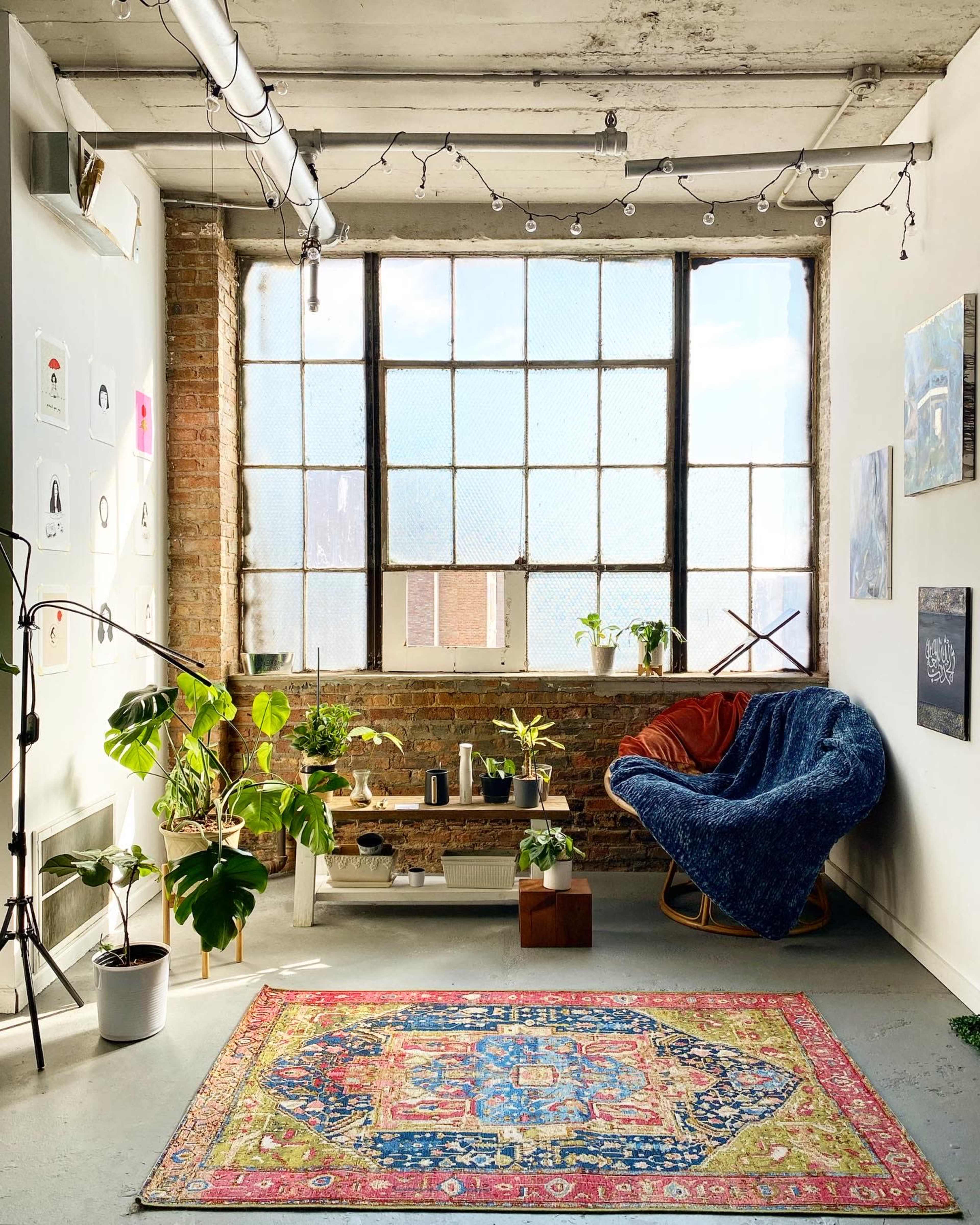 A cozy living space features a large window with exposed brick walls, a patterned rug on the floor, a blue chair, and various plants on a wooden shelf.