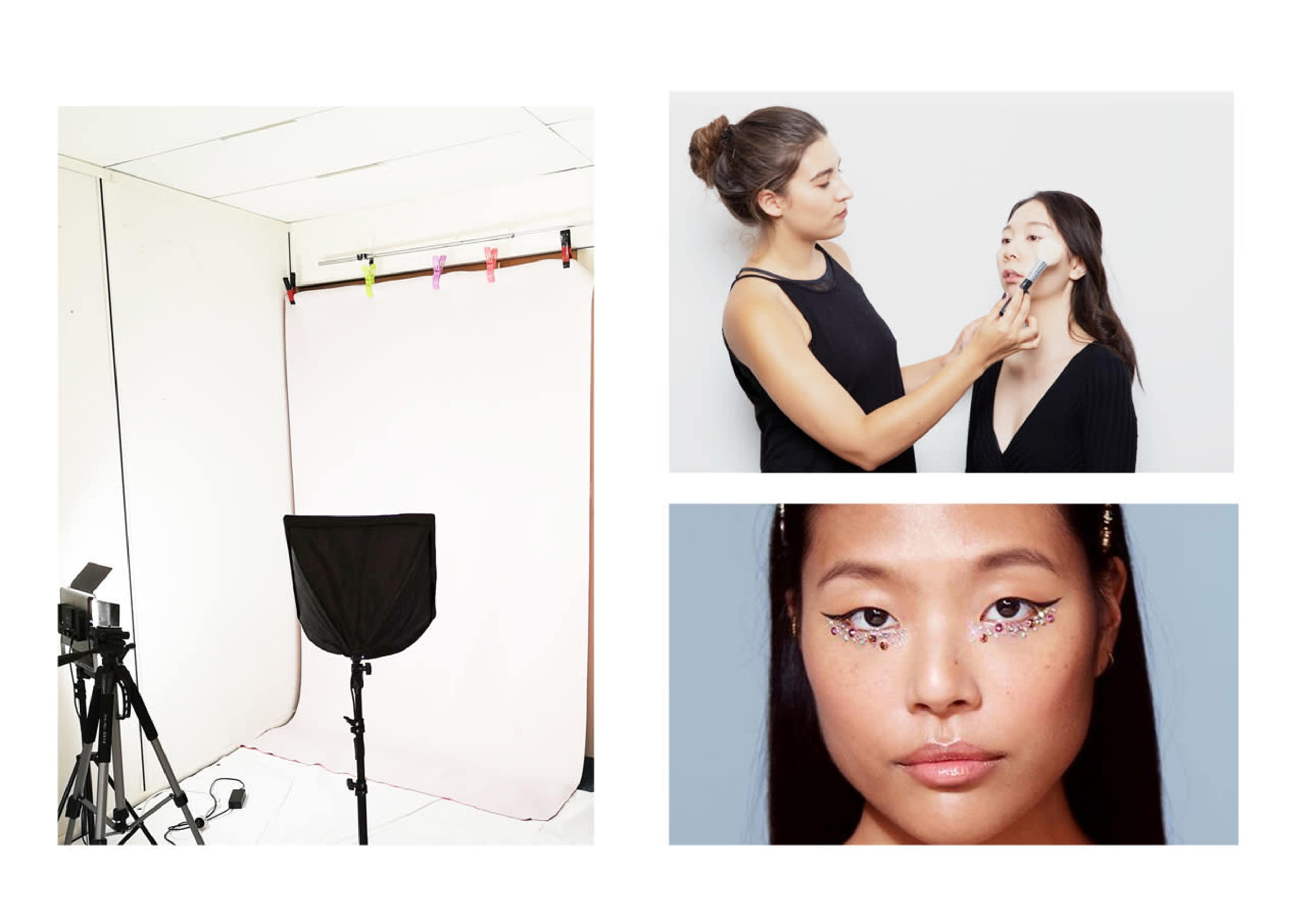 A photography studio setup with a backdrop and lighting equipment, alongside a makeup artist applying makeup to a model, and a close-up of a model showcasing artistic eye makeup.
