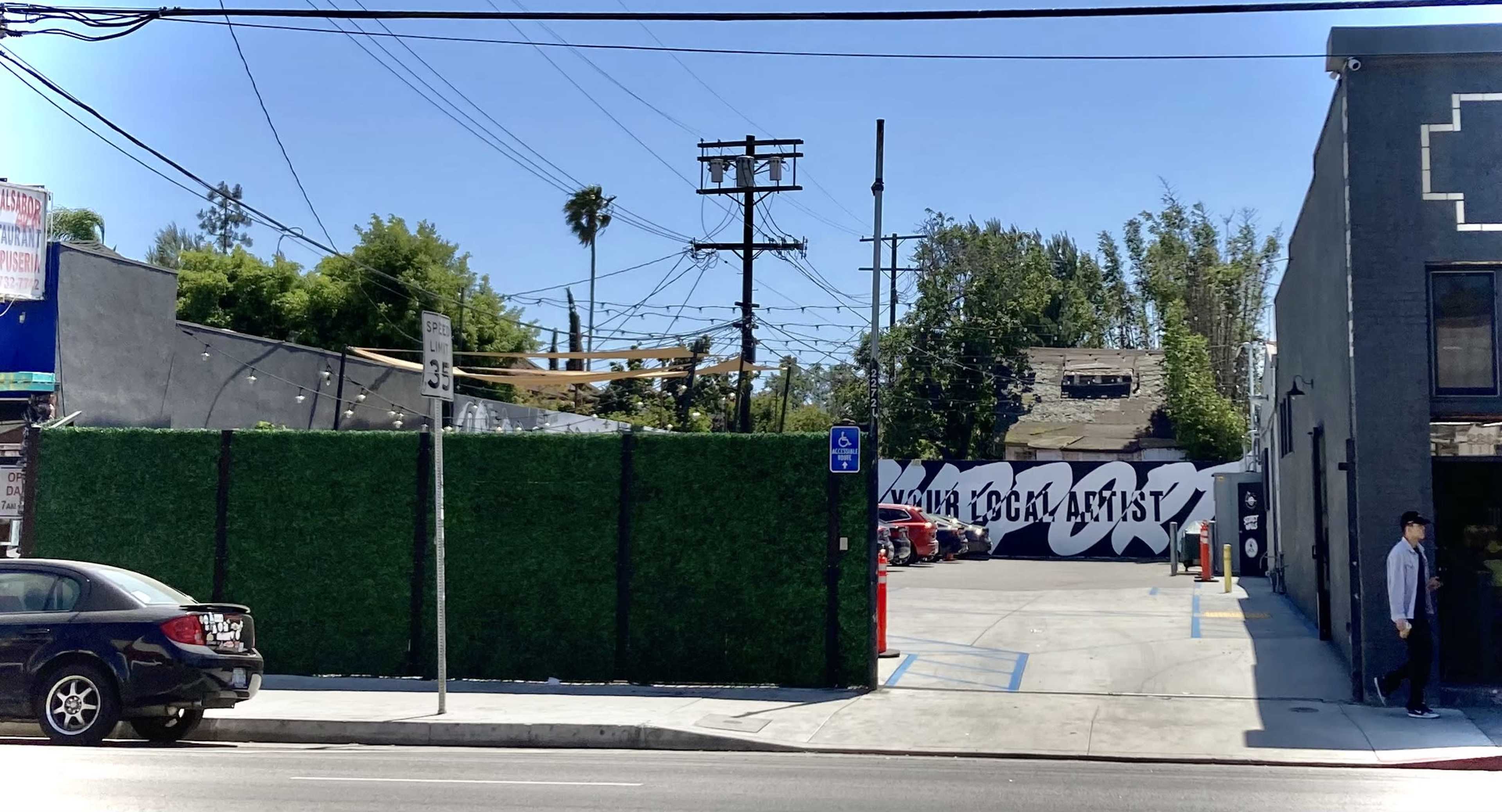 A mural reading "YOUR LOCAL ARTIST" is painted on a wall behind a green hedge and parking area, with power lines and palm trees visible in the background.