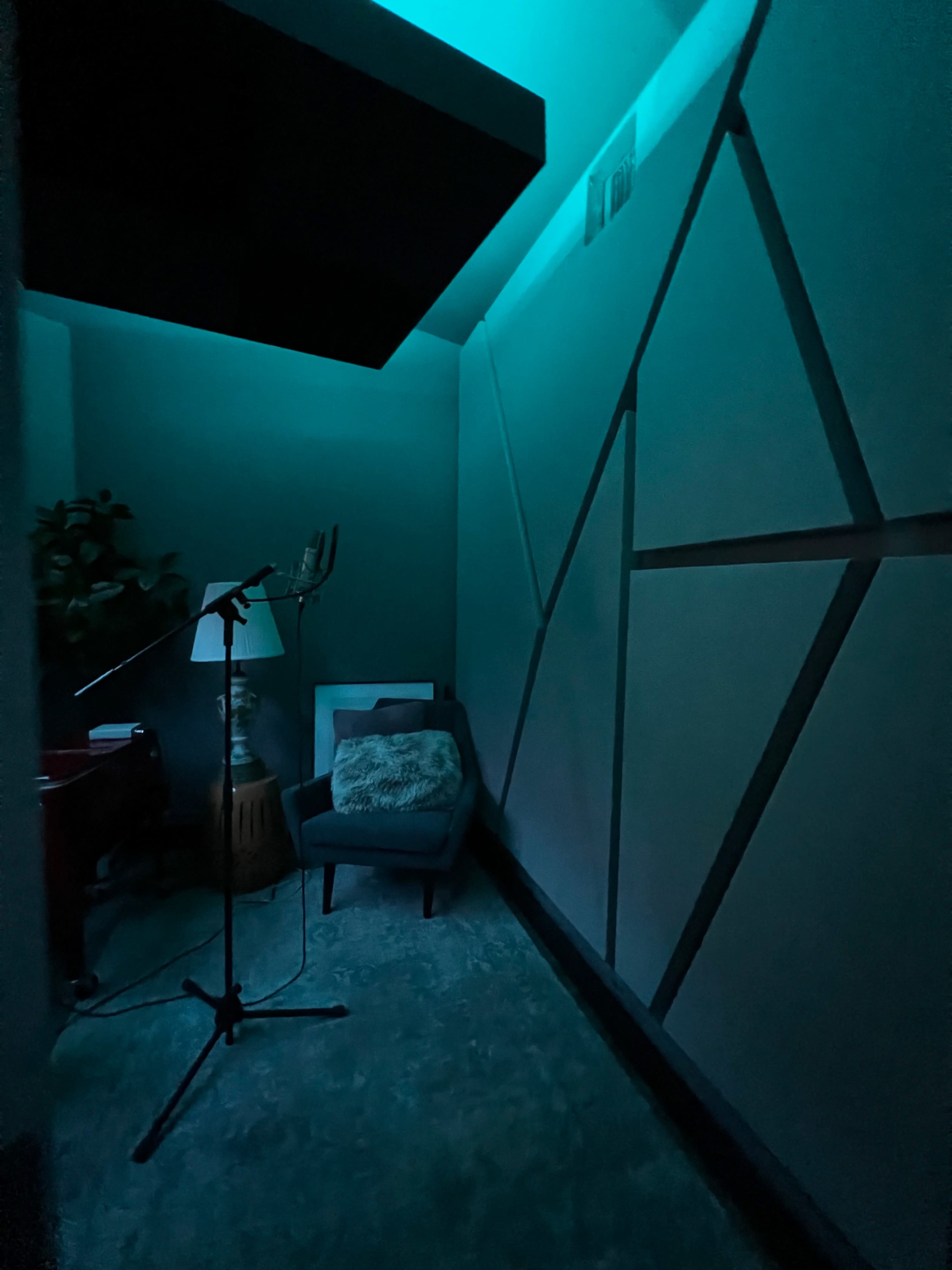A dimly lit recording studio with a microphone on a stand, a chair, and a small table beside a plant.