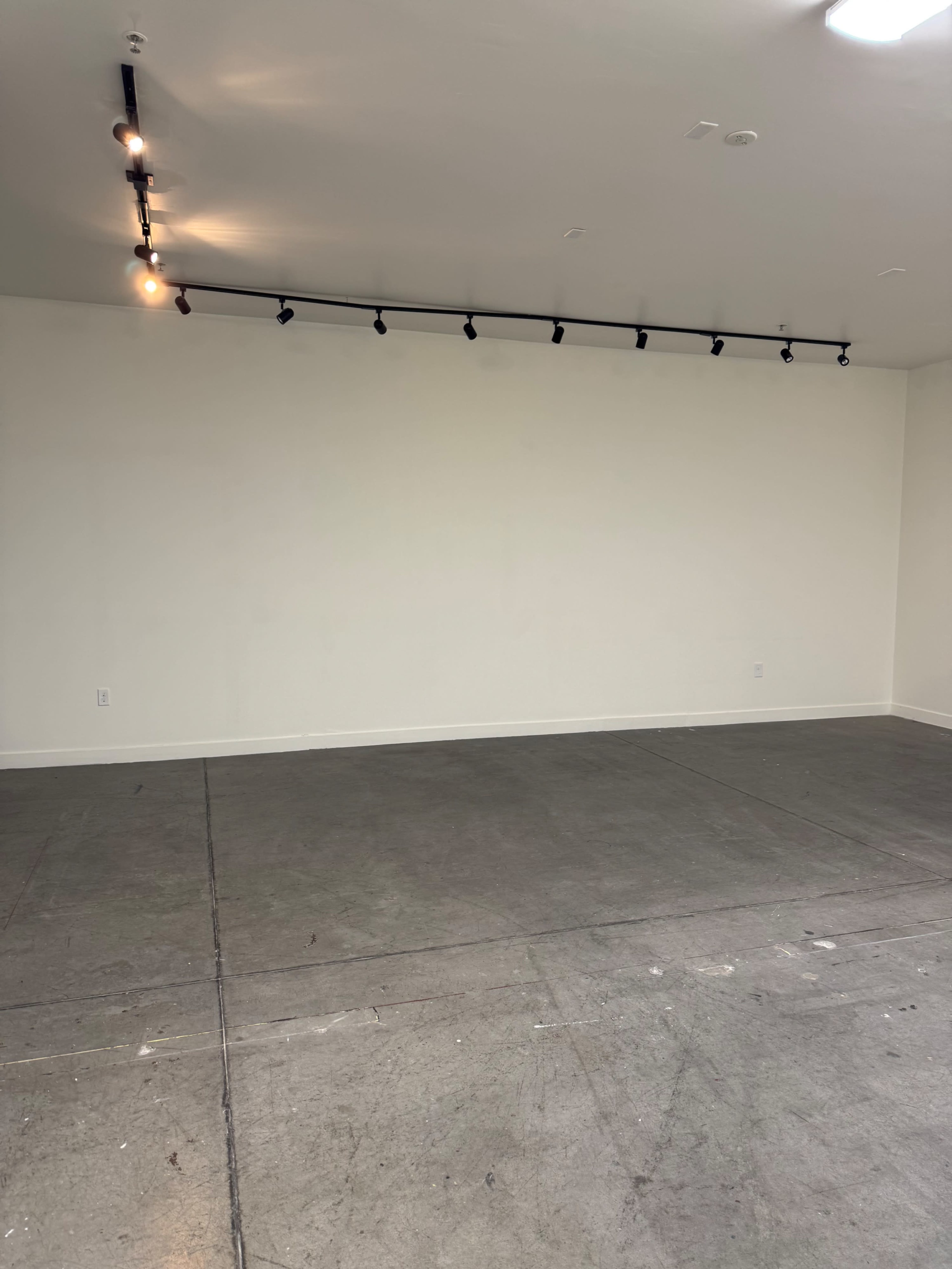 The image shows a sparsely furnished room with a concrete floor and a blank white wall, featuring a track lighting system installed on the ceiling.