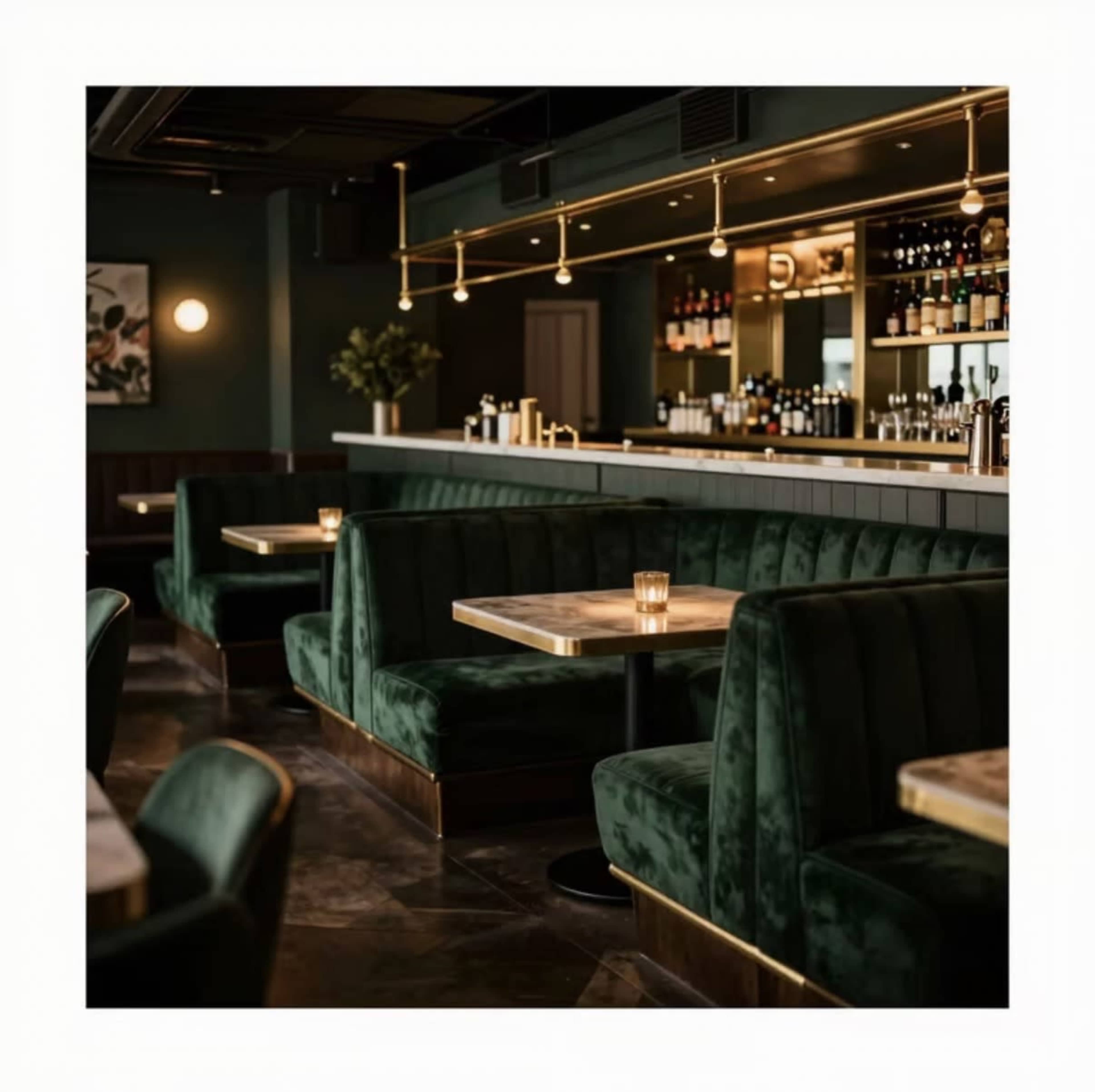 The image shows a dimly lit restaurant interior featuring green velvet booths, marble-topped tables, and a bar area stocked with various bottles.