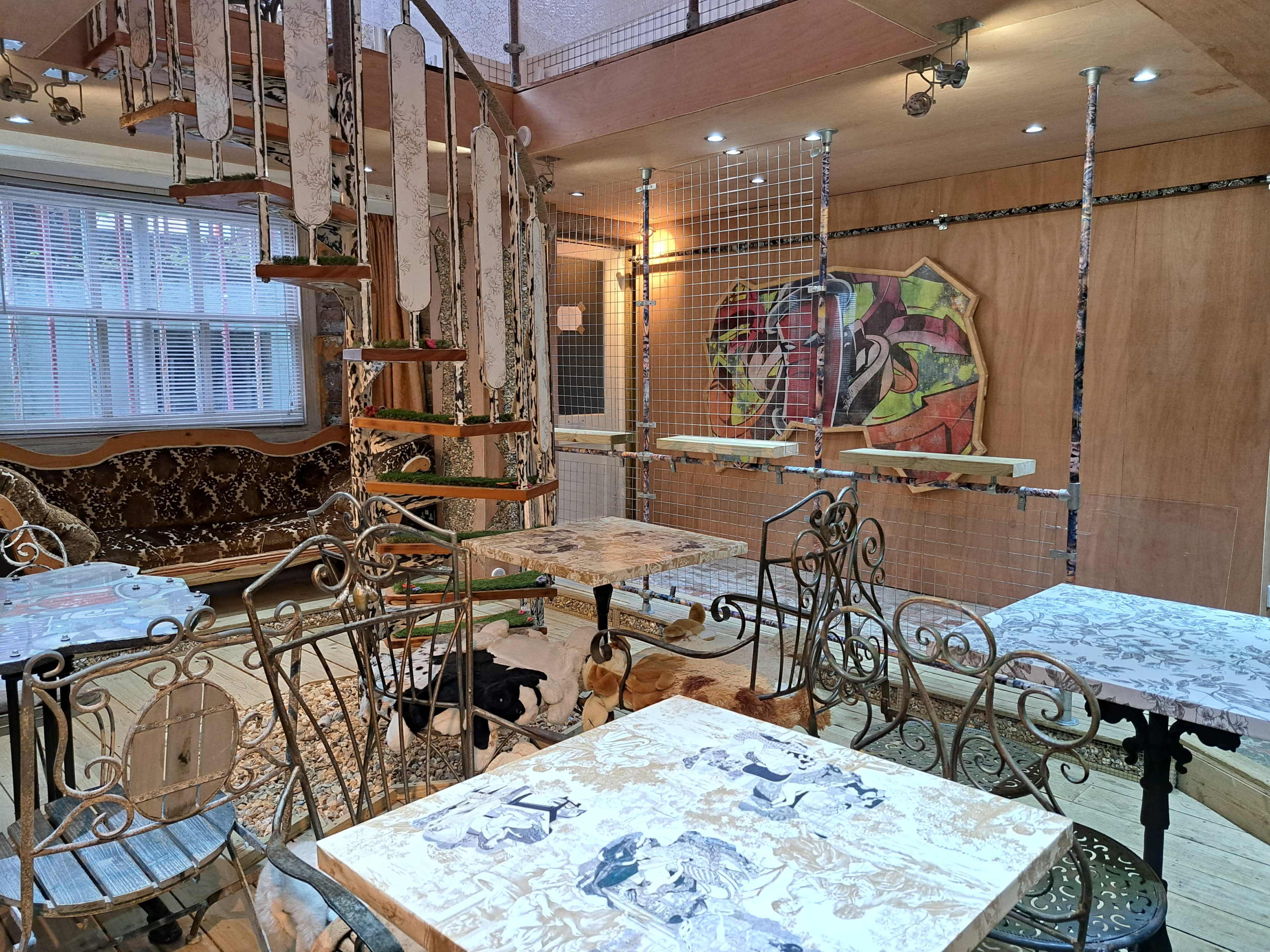 An interior space with wooden floors, decorated tables, a spiral staircase, and several dogs lounging on the ground.