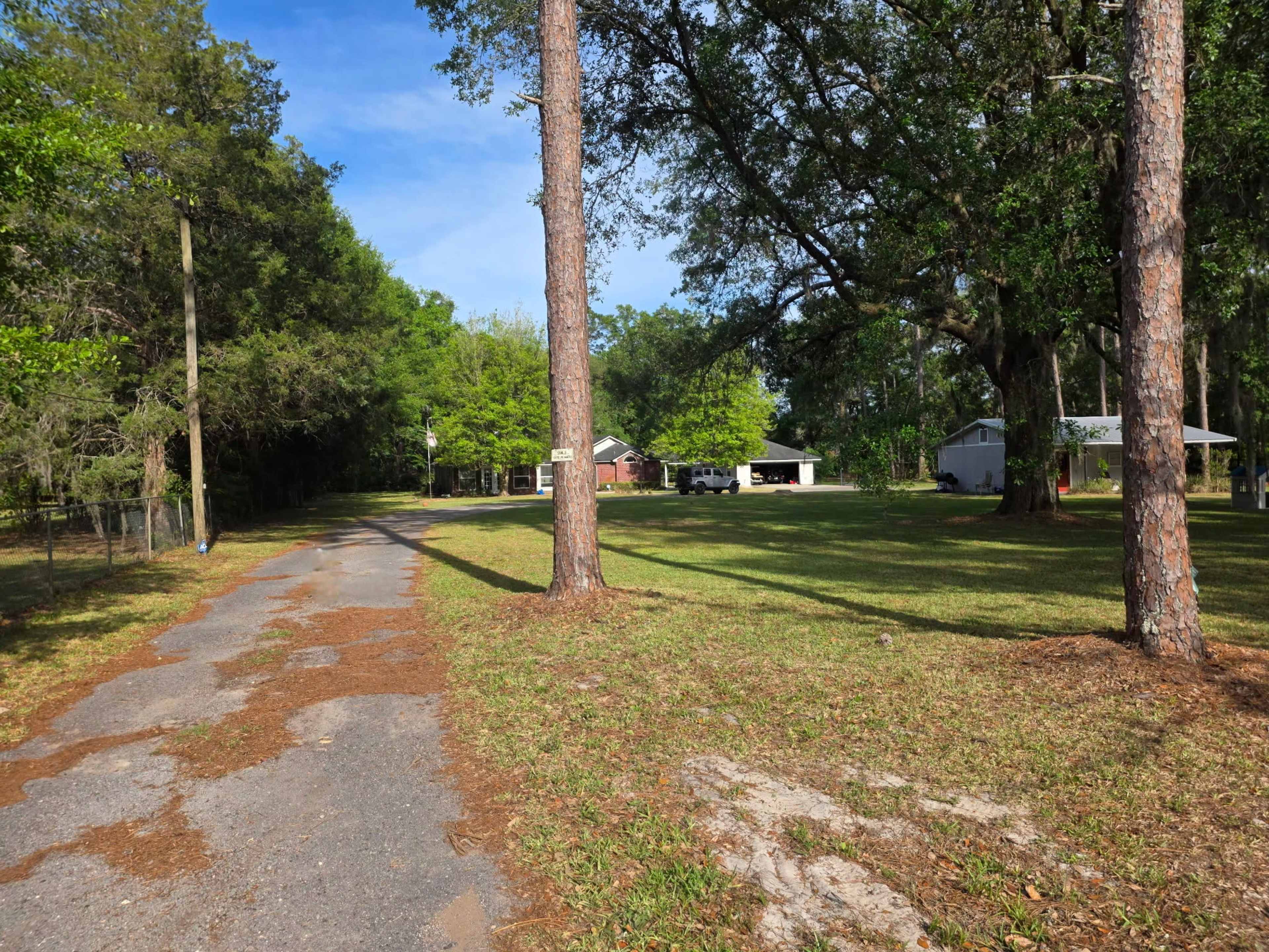 A gravel driveway lined with trees leads to a house and parking area surrounded by greenery.