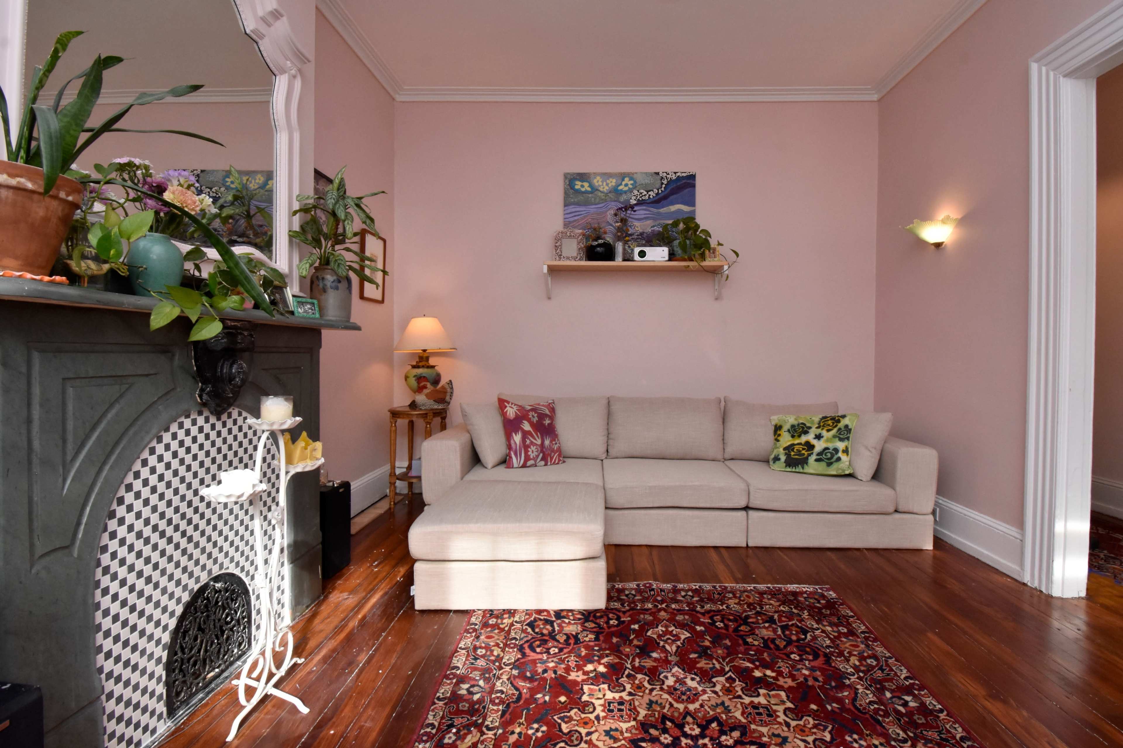 The image shows a living room with a light pink wall, a sectional sofa, a patterned rug, and decorative plants on shelves and furniture.