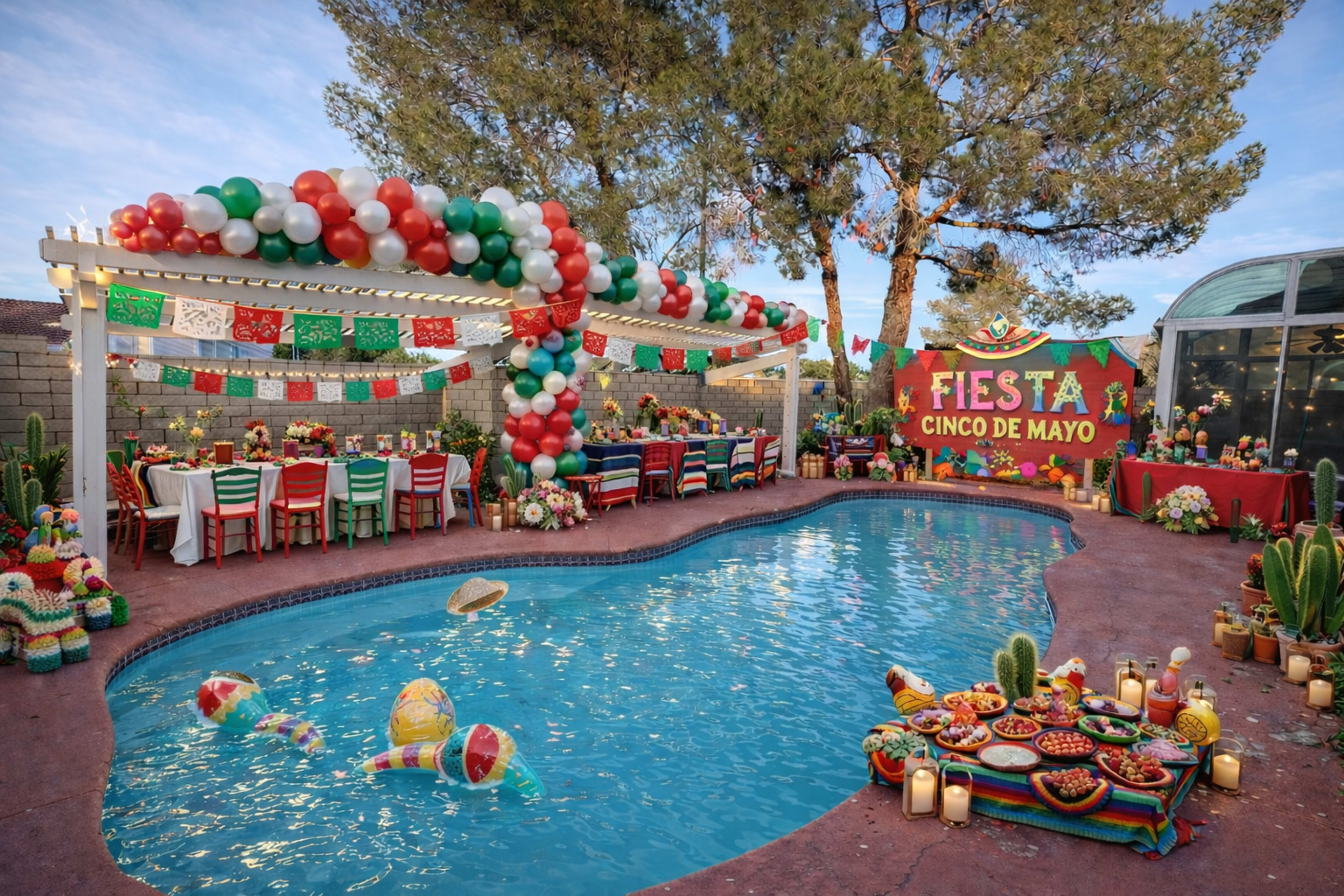 The image shows a vibrant outdoor setting for a Cinco de Mayo celebration, featuring a decorated pool area with colorful balloons, festive banners, and numerous food displays around the pool.