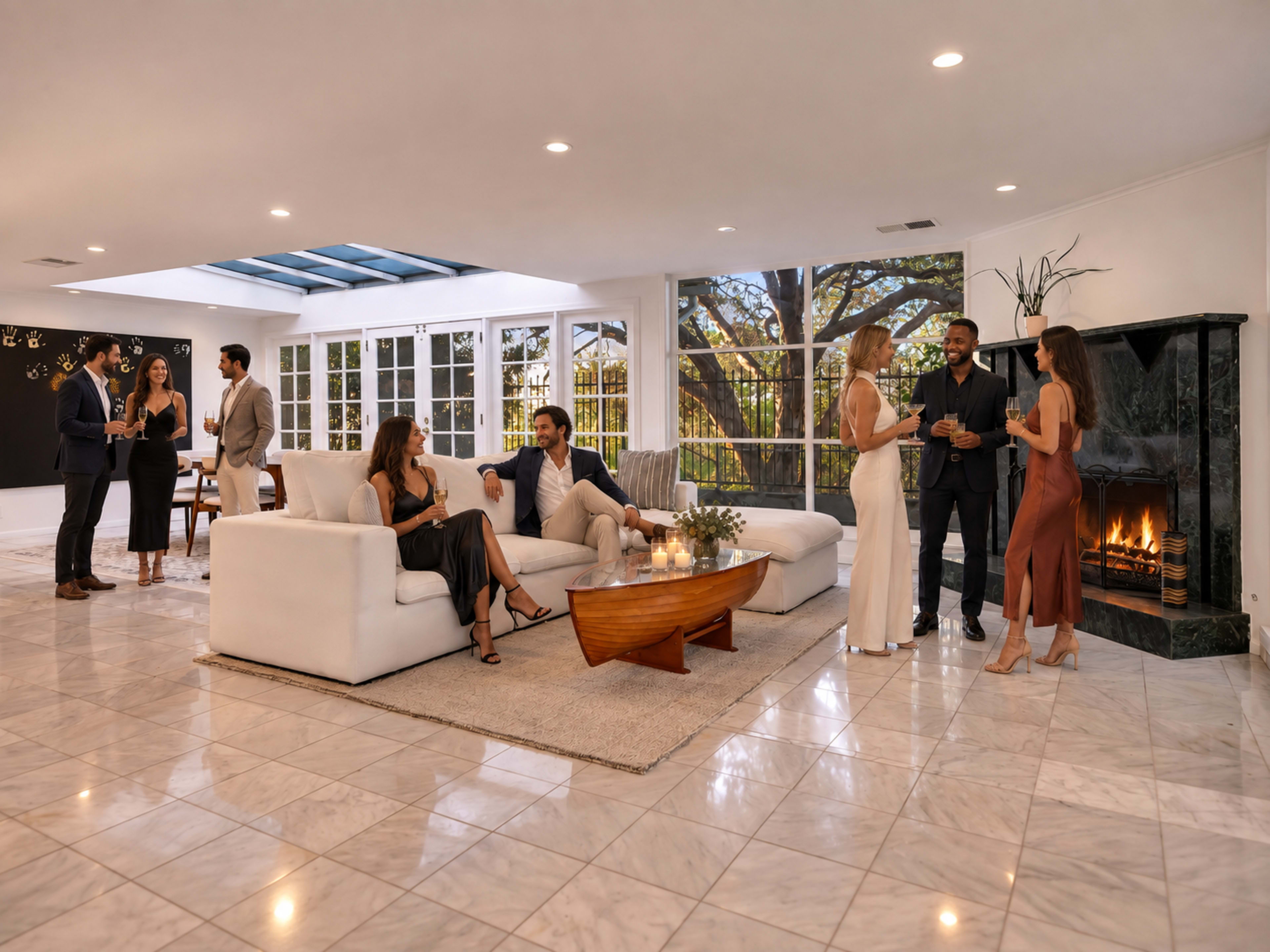 A group of elegantly dressed people socialize in a spacious, modern living room with marble flooring and a fireplace.