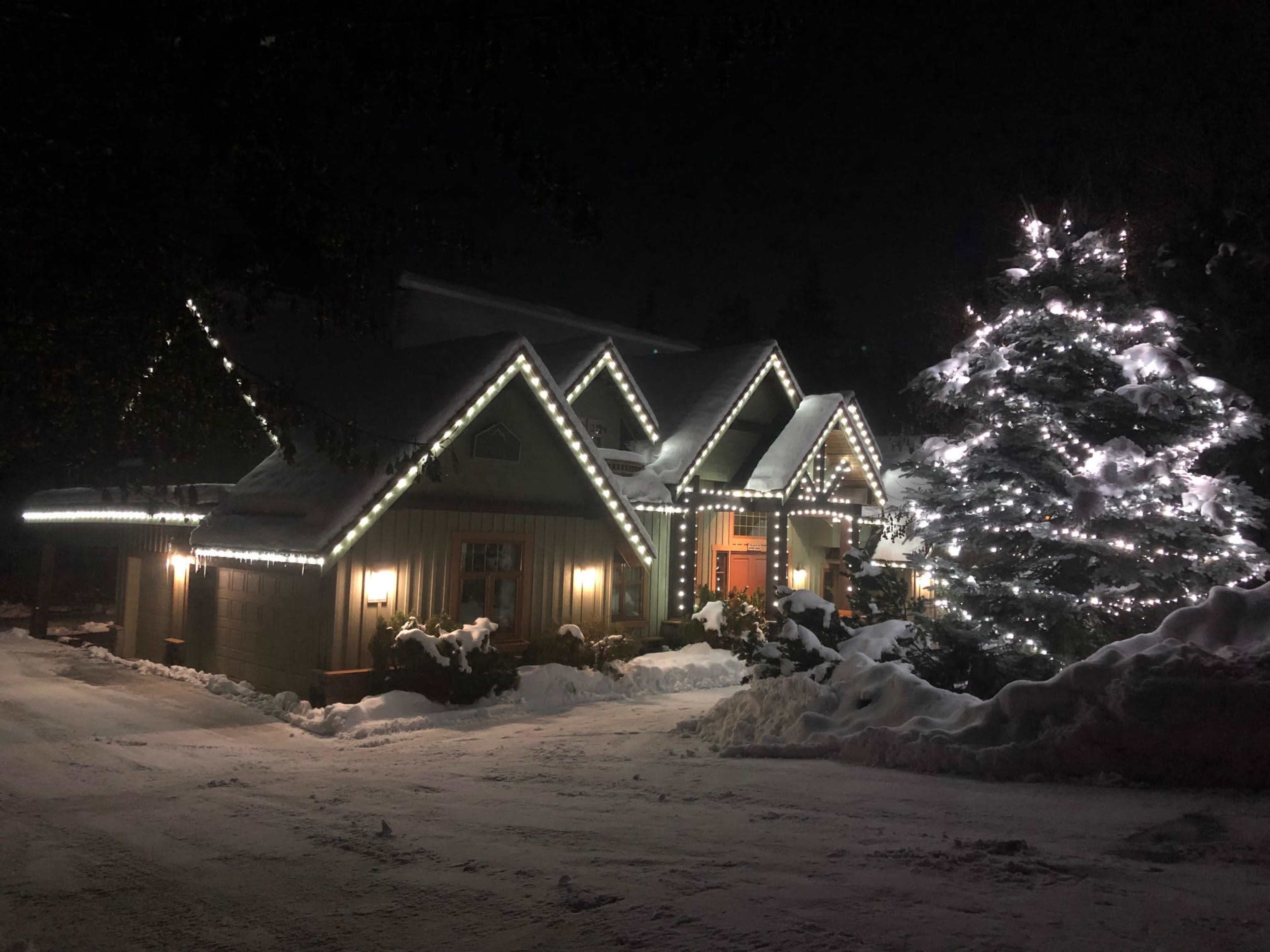 A house is decorated with white lights along the edges of the roof and a nearby tree is illuminated, surrounded by snow at night.