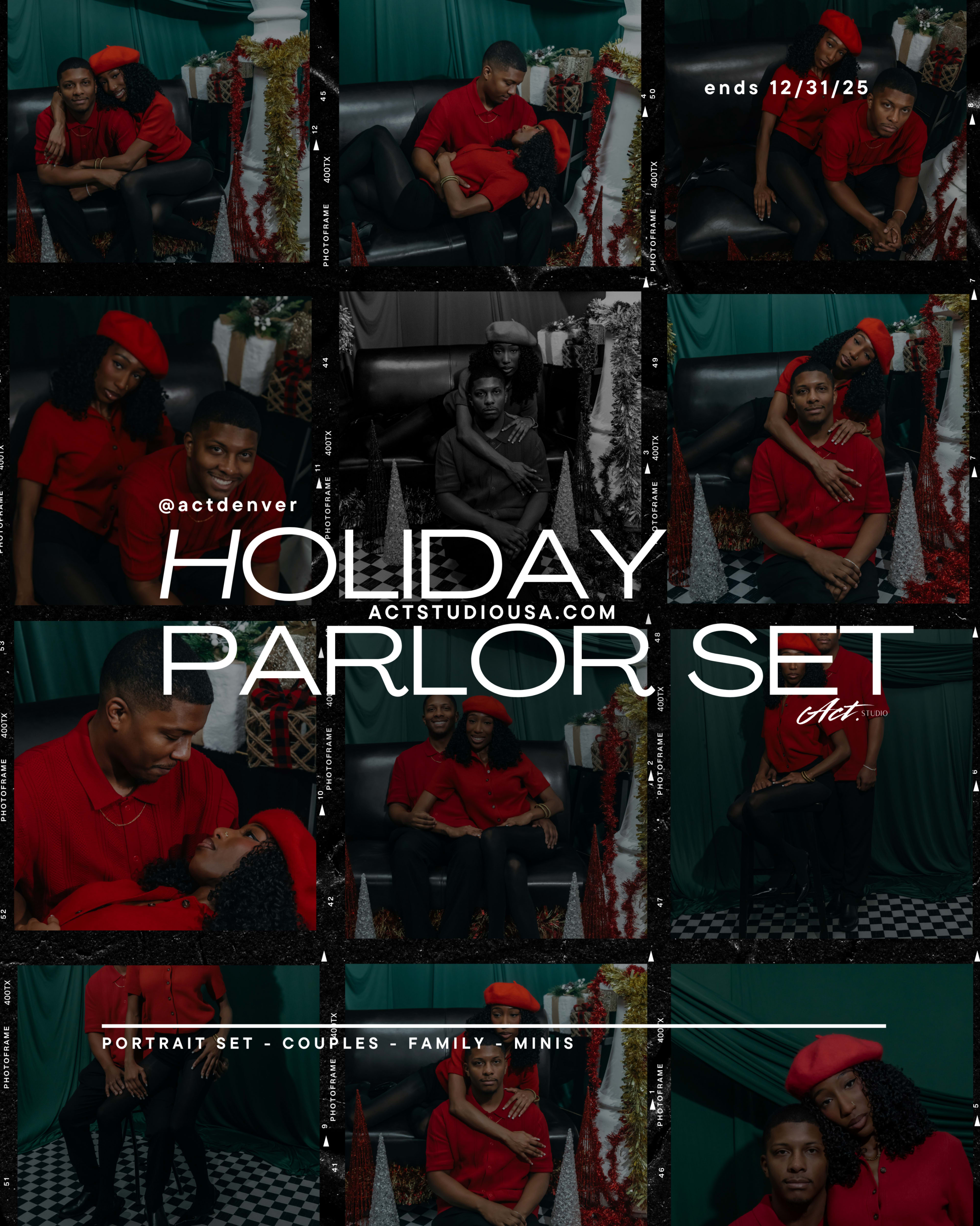 The image showcases a holiday-themed photo set featuring couples and families posed in a cozy parlor setting with festive decorations.