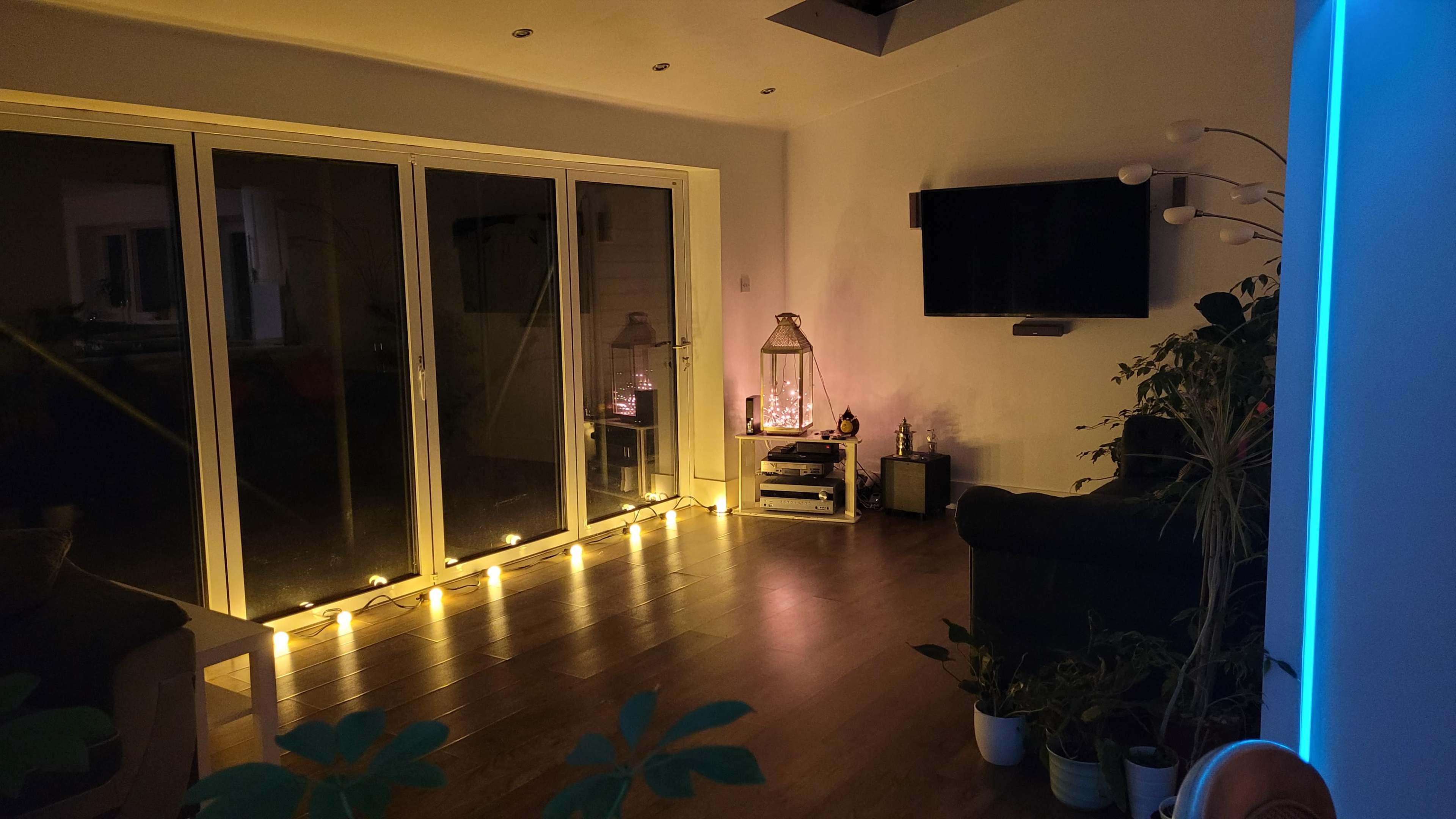 A dimly lit room features sliding glass doors, a television mounted on the wall, and a collection of plants along with a decorative lantern on the floor.