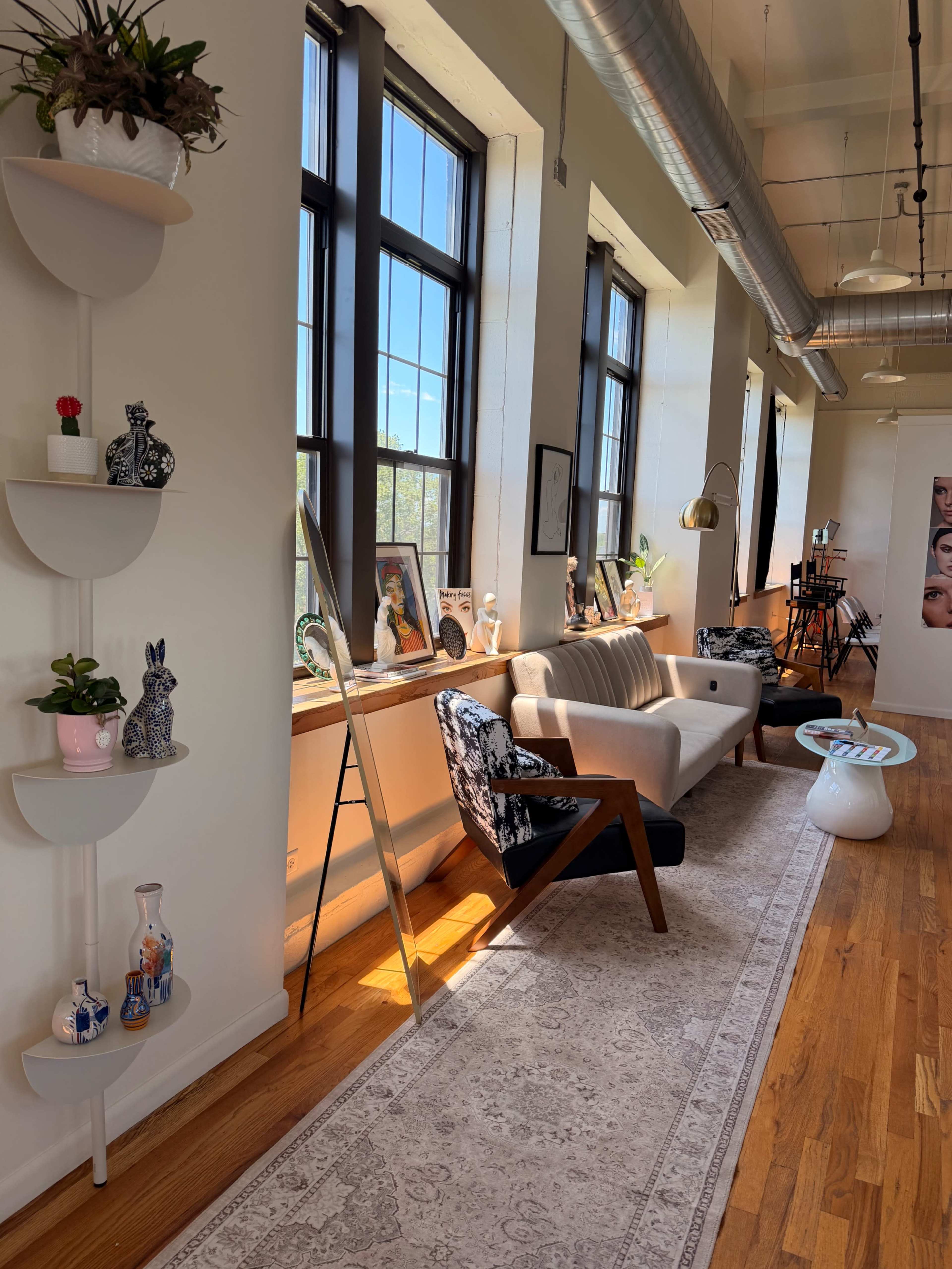 The image shows a bright room with large windows, a decorative shelf with plants and figurines, a minimalist sofa, and an area rug along a wooden floor.