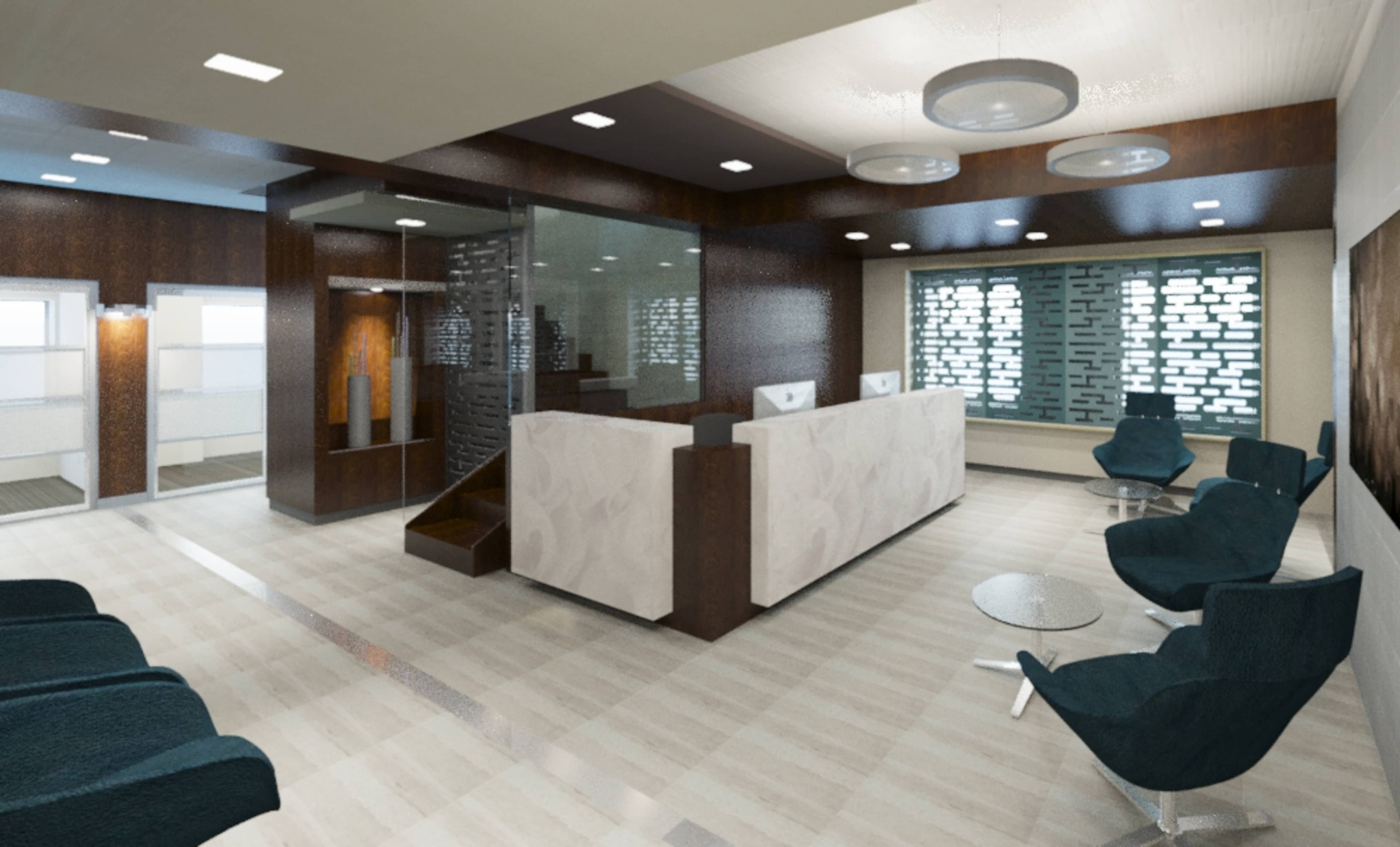 The image shows a modern reception area featuring a reception desk, seating, and large windows with decorative patterns.
