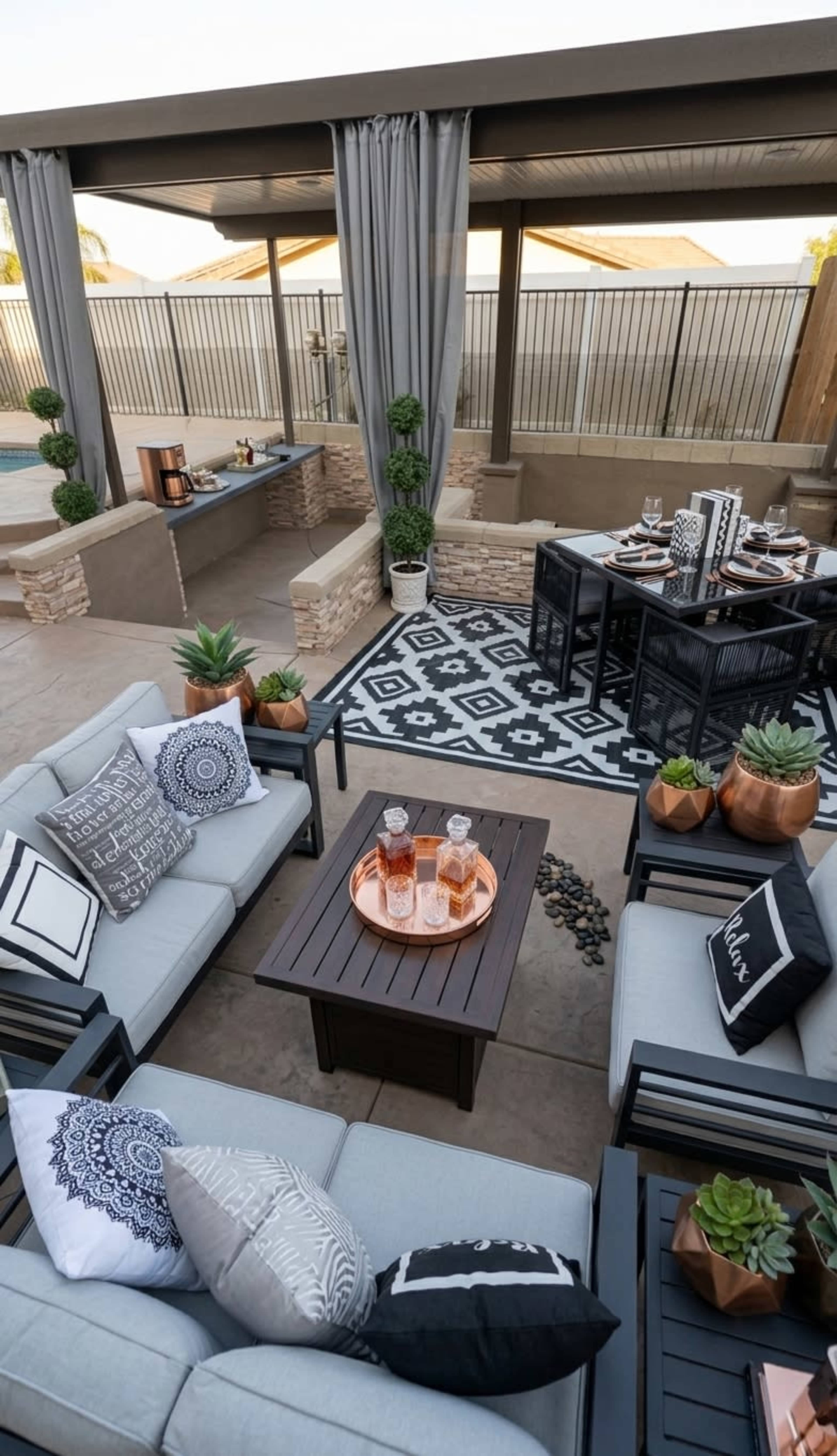 The image shows a modern outdoor patio setup with gray seating, a patterned rug, a dining area with a black table, and decorative elements including potted plants and bottles on a coffee table.