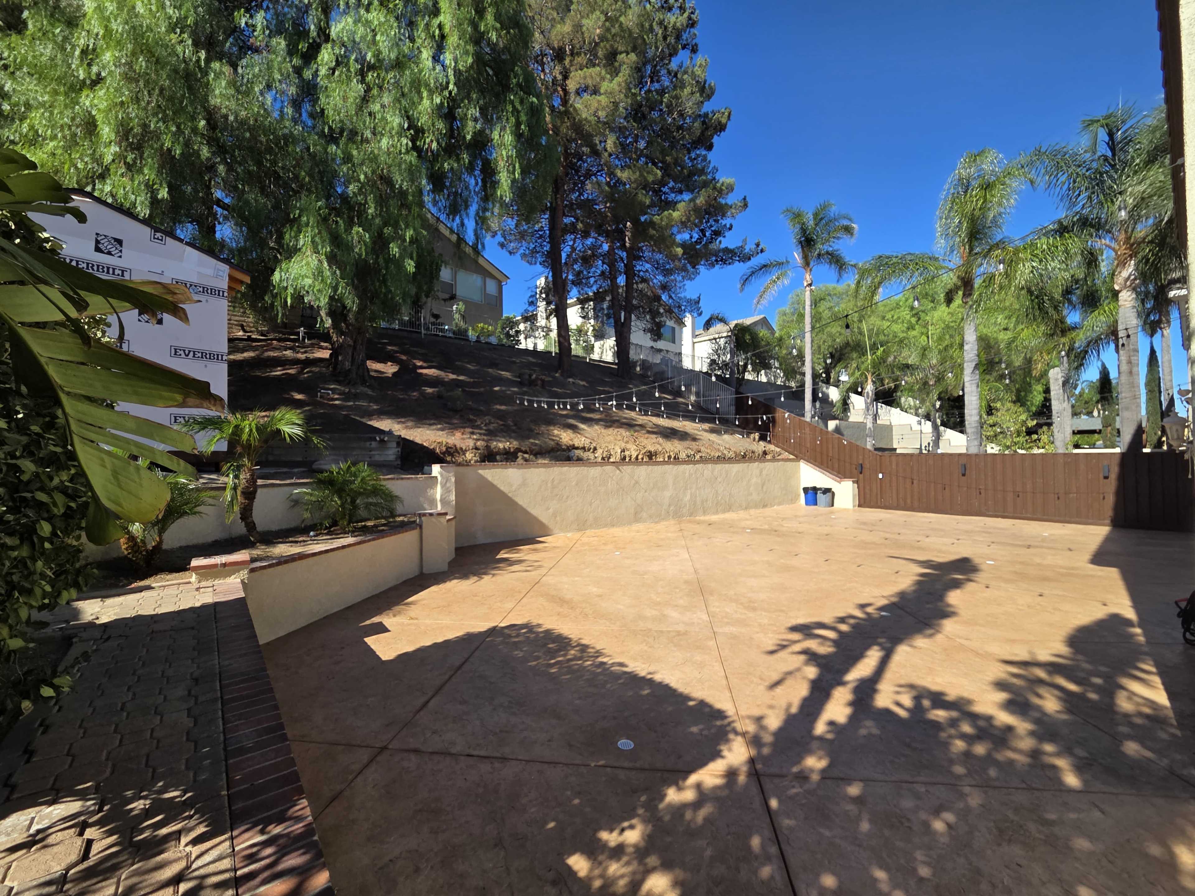 The image shows a landscaped outdoor area with a paved patio surrounded by palm trees and a sloped hill in the background.