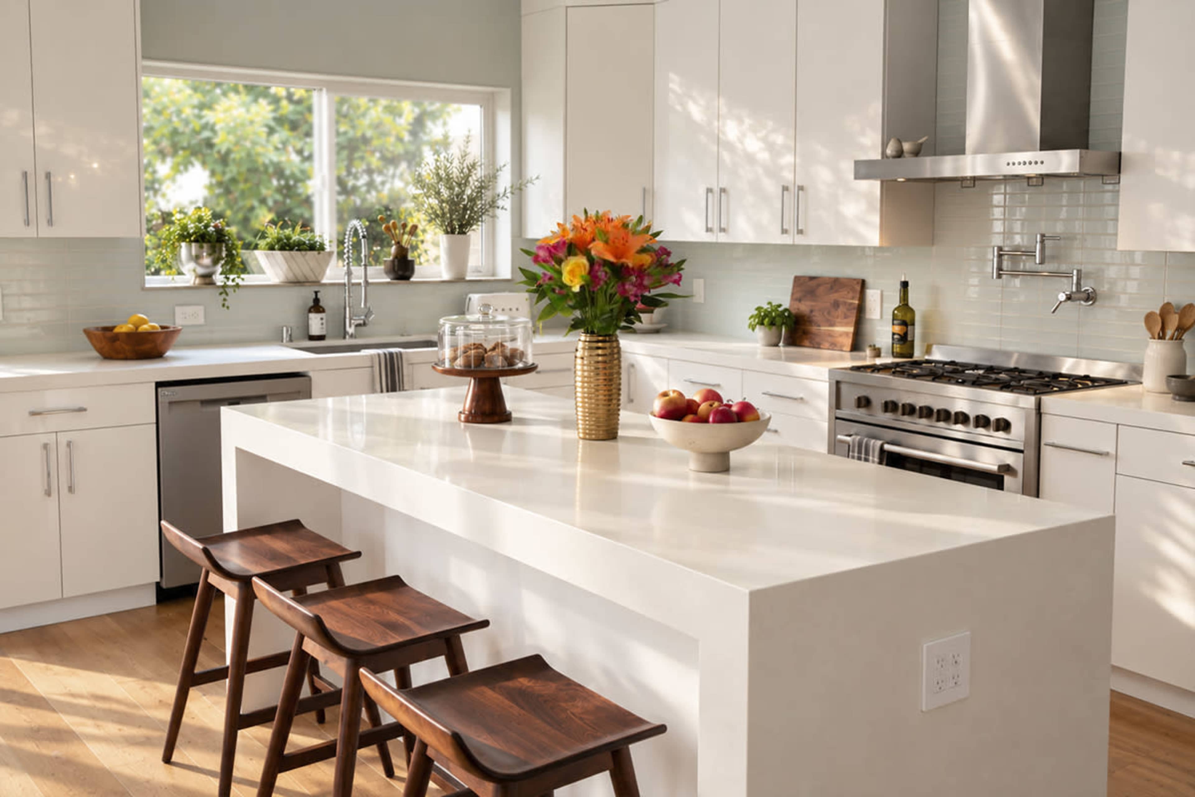 A modern kitchen features white cabinetry, a large central island with wooden stools, and a bouquet of flowers on the countertop, illuminated by natural light from a window.