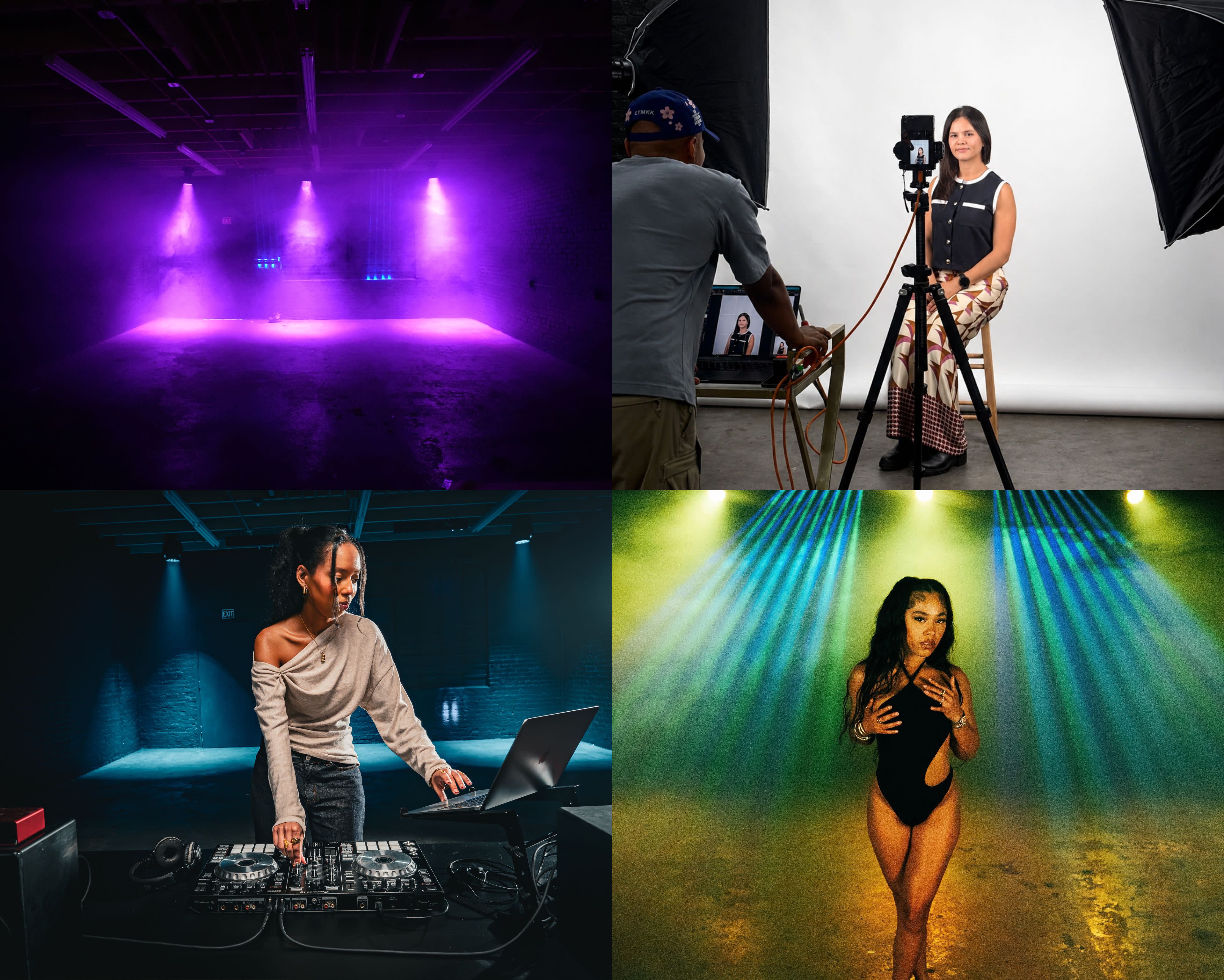 The image features four distinct scenes: an empty studio with purple lighting, a woman posing for a portrait in a photography setup, a DJ mixing music at a console, and a woman striking a pose in front of spotlight rays.