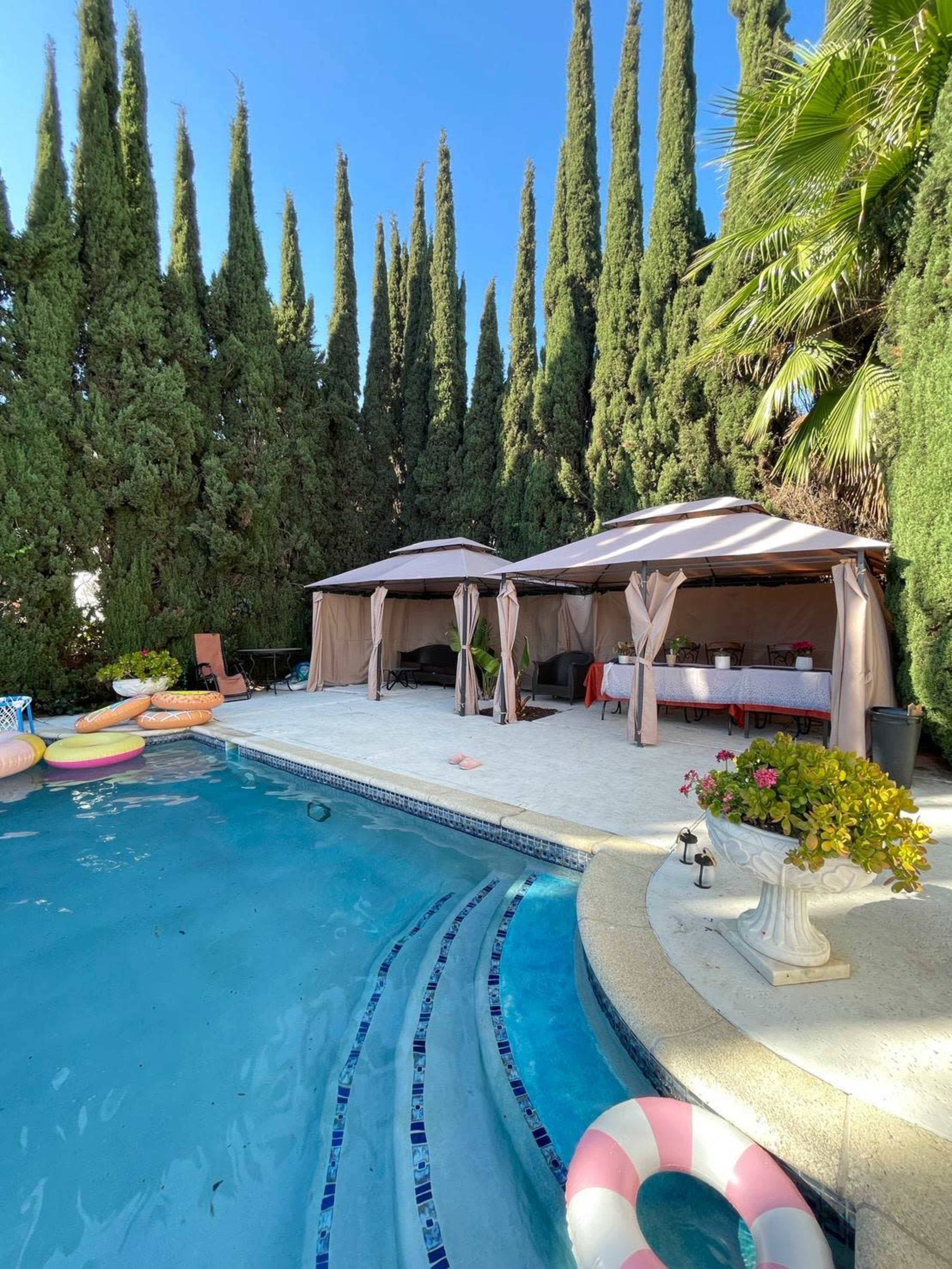 The scene features a swimming pool surrounded by tall, green trees and two tents set up on a sandy area near the water.