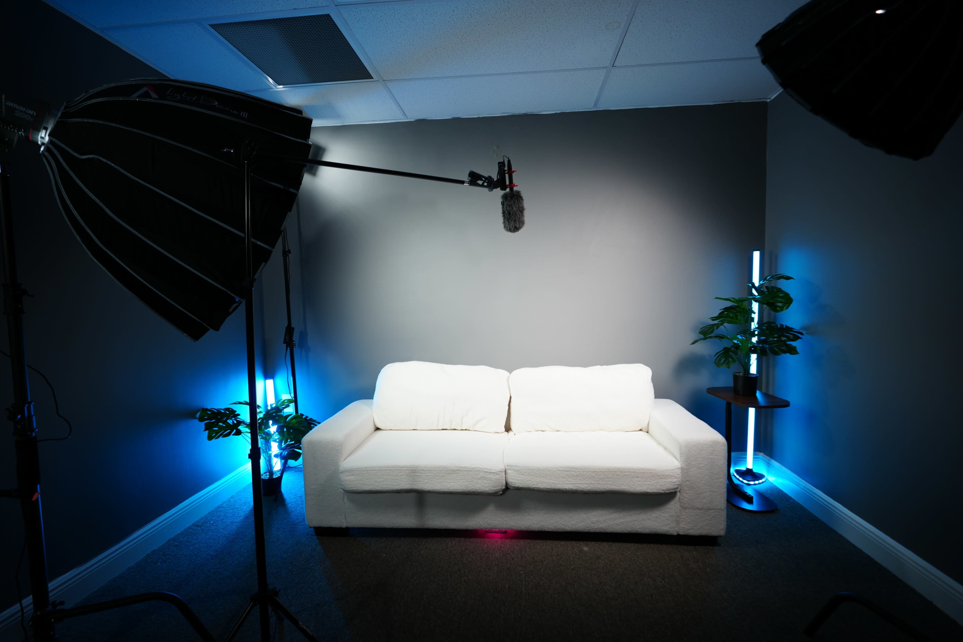 The image shows a minimalistic interior setup with a white couch, two light sources, and a small plant beside a side table against a gray wall.