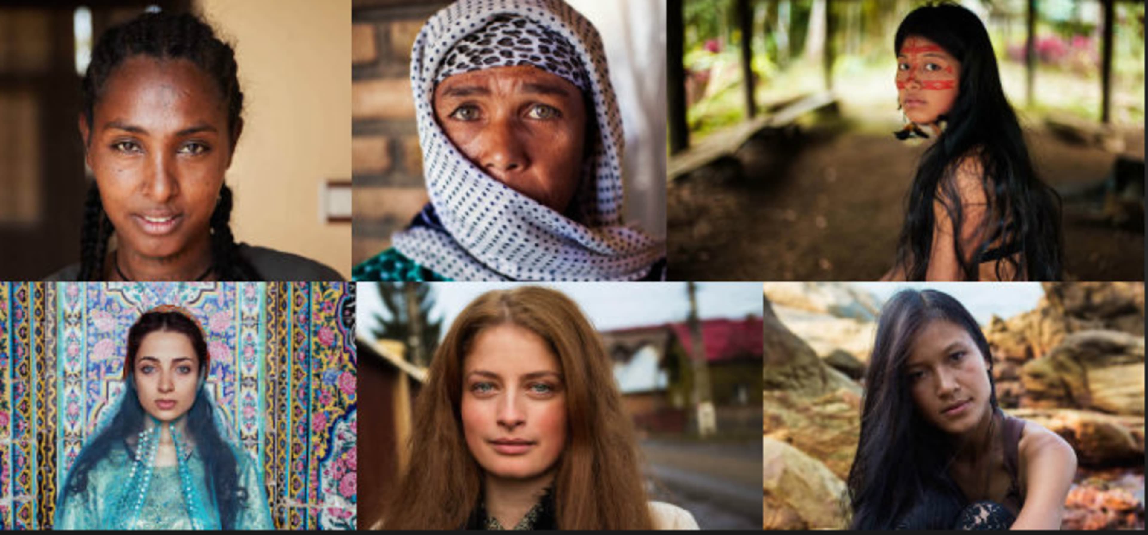A grid of six portraits of women from diverse cultural backgrounds, each displaying unique traditional attire and expressions.