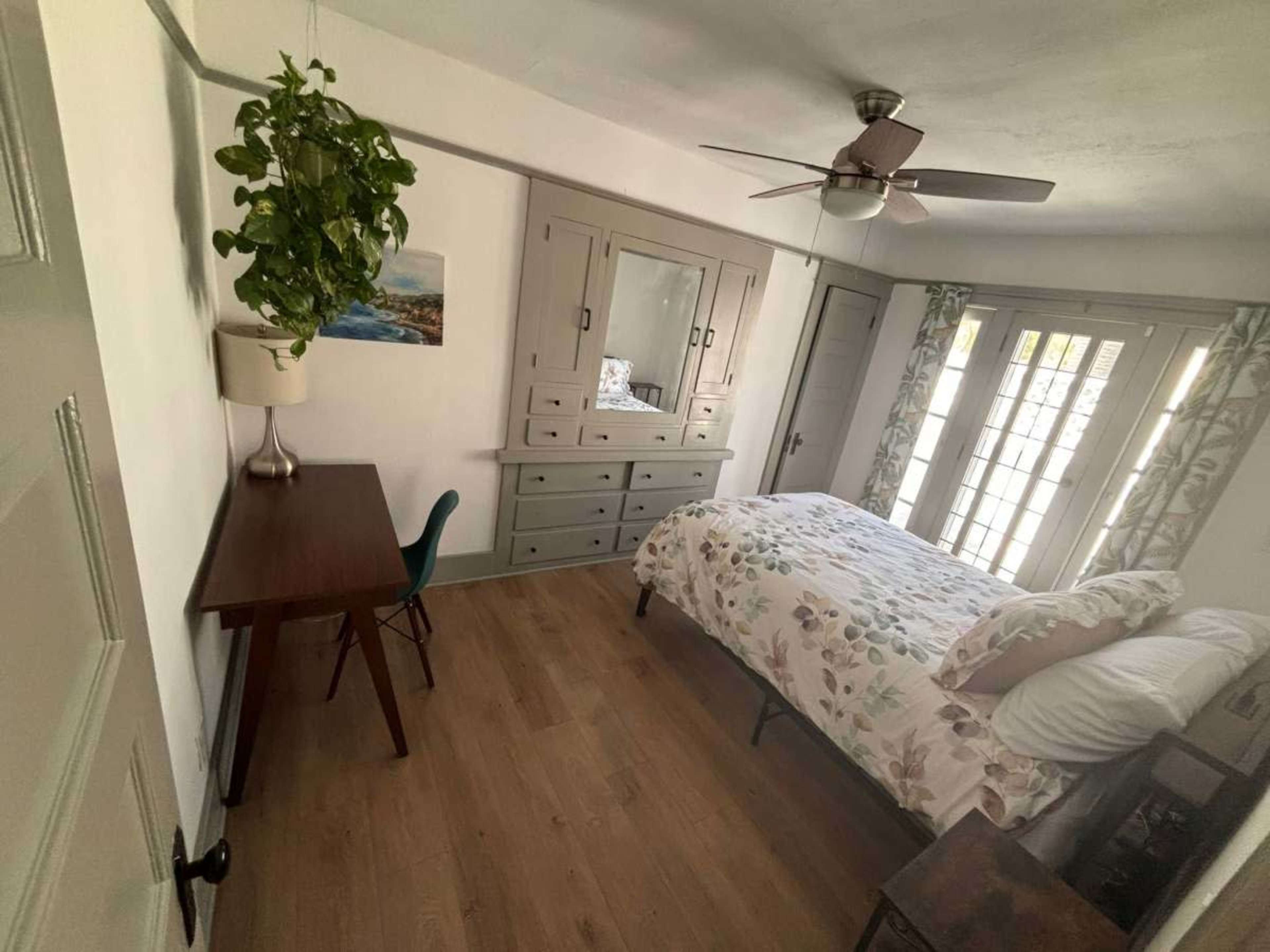 The image shows a well-furnished bedroom featuring a bed, a desk with a chair, a mirror cabinet, and a plant near a window.