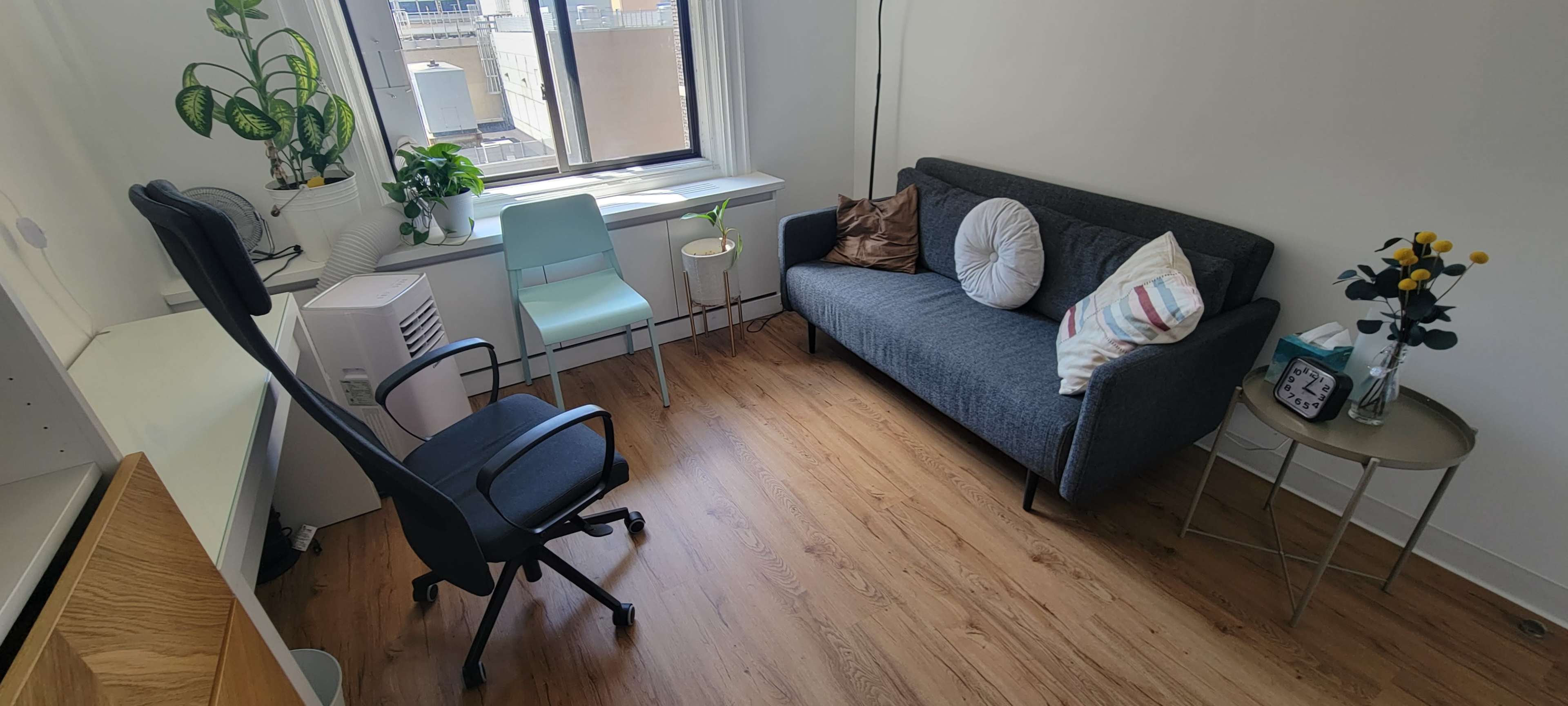 A small, light-filled room features a gray sofa, a blue chair, a small table, a potted plant, and a desk with an office chair.