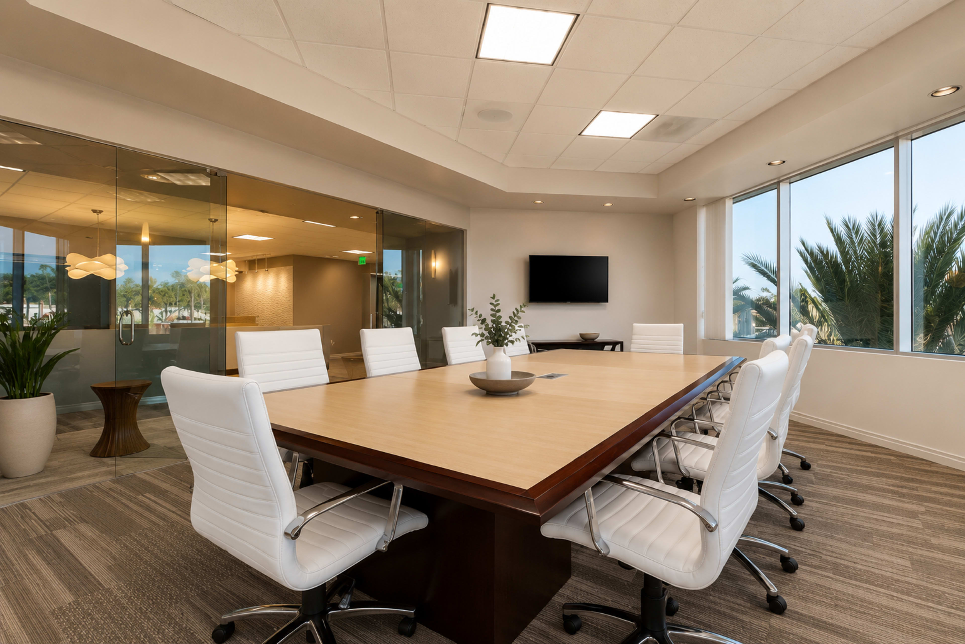 A modern conference room features a large wooden table surrounded by white leather chairs, with windows overlooking palm trees in the background.