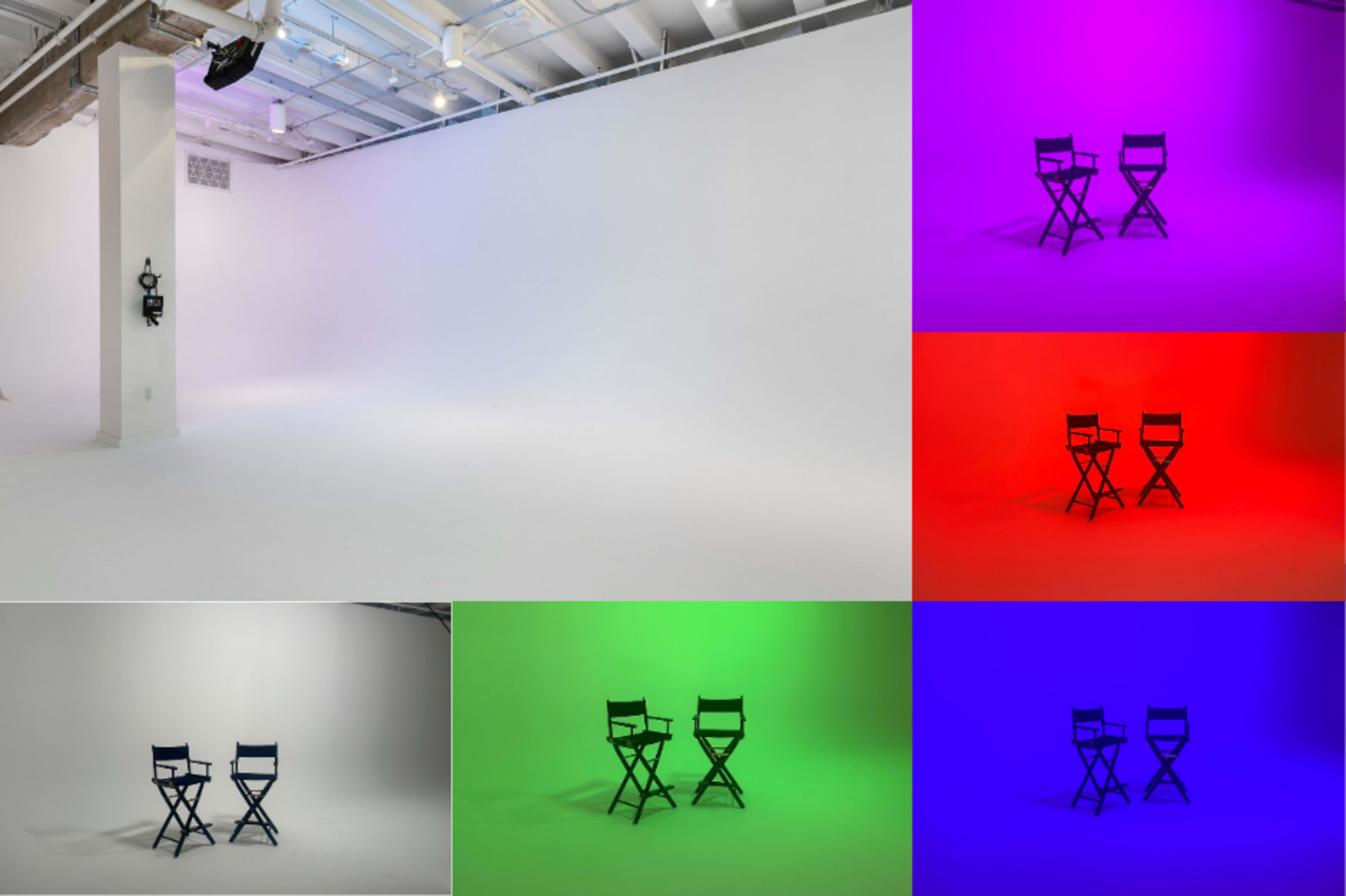 Six sections, each displaying two black chairs against different colored backgrounds, including white, purple, red, green, and blue.