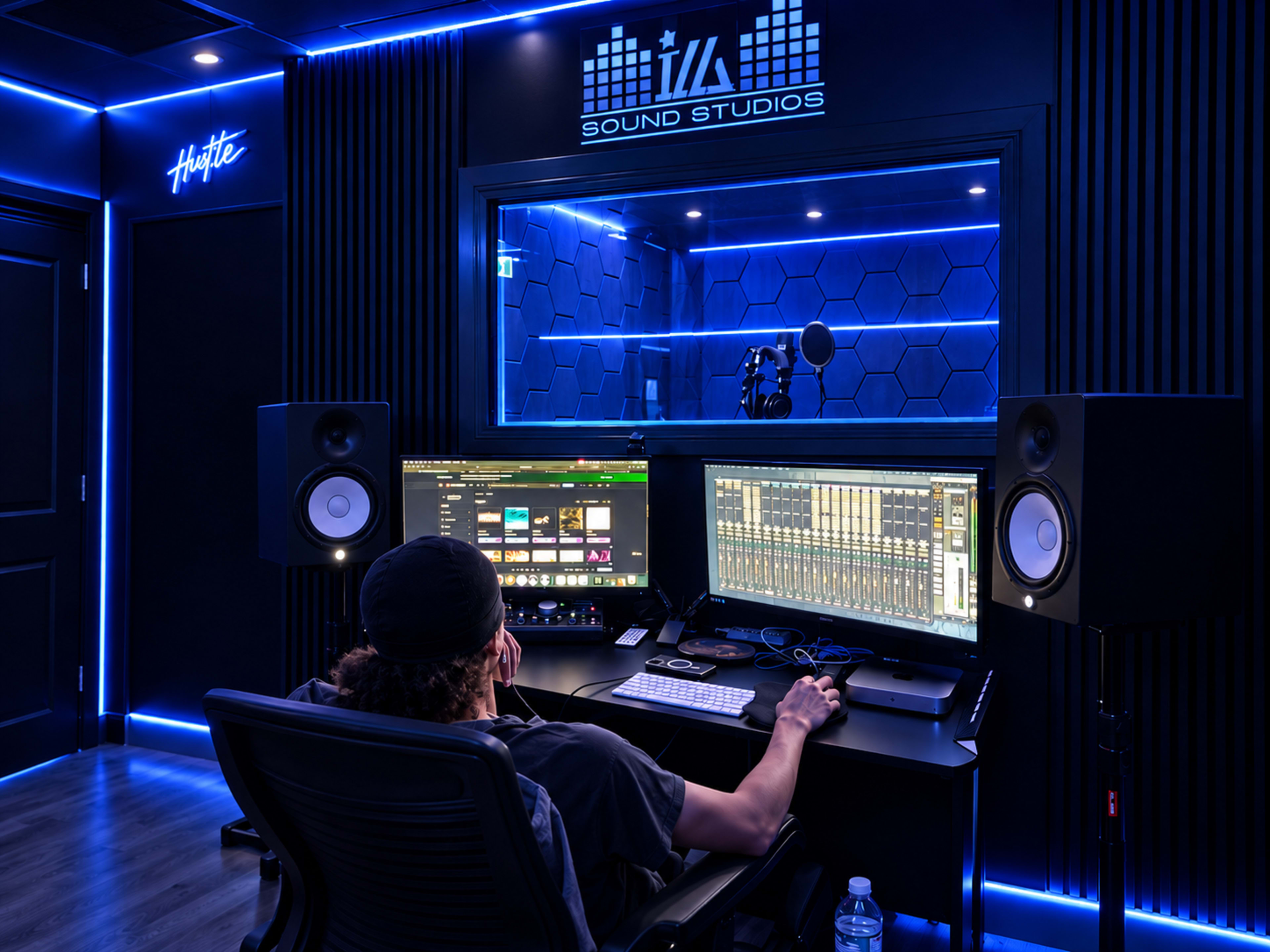 A person sits at a large workstation in a sound studio, focused on audio mixing software, surrounded by illuminated walls and sound equipment.