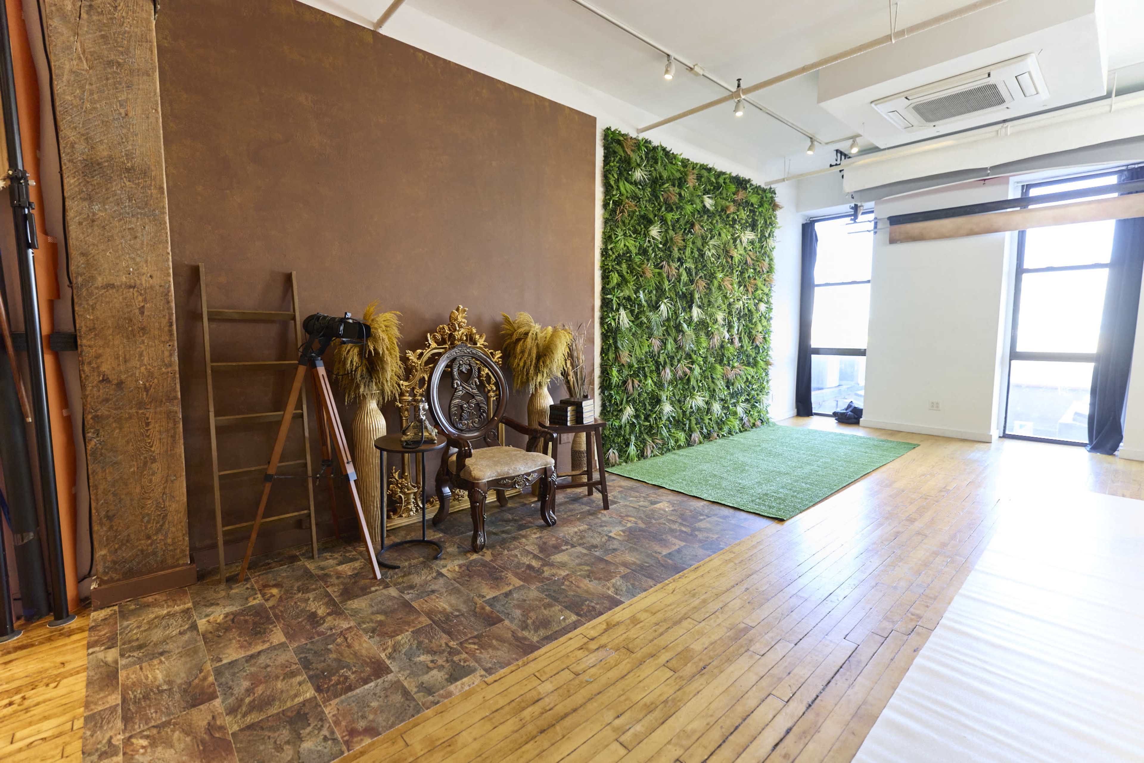 A photography studio with a decorative chair and backdrop of greenery on one side and a wooden ladder on the other.