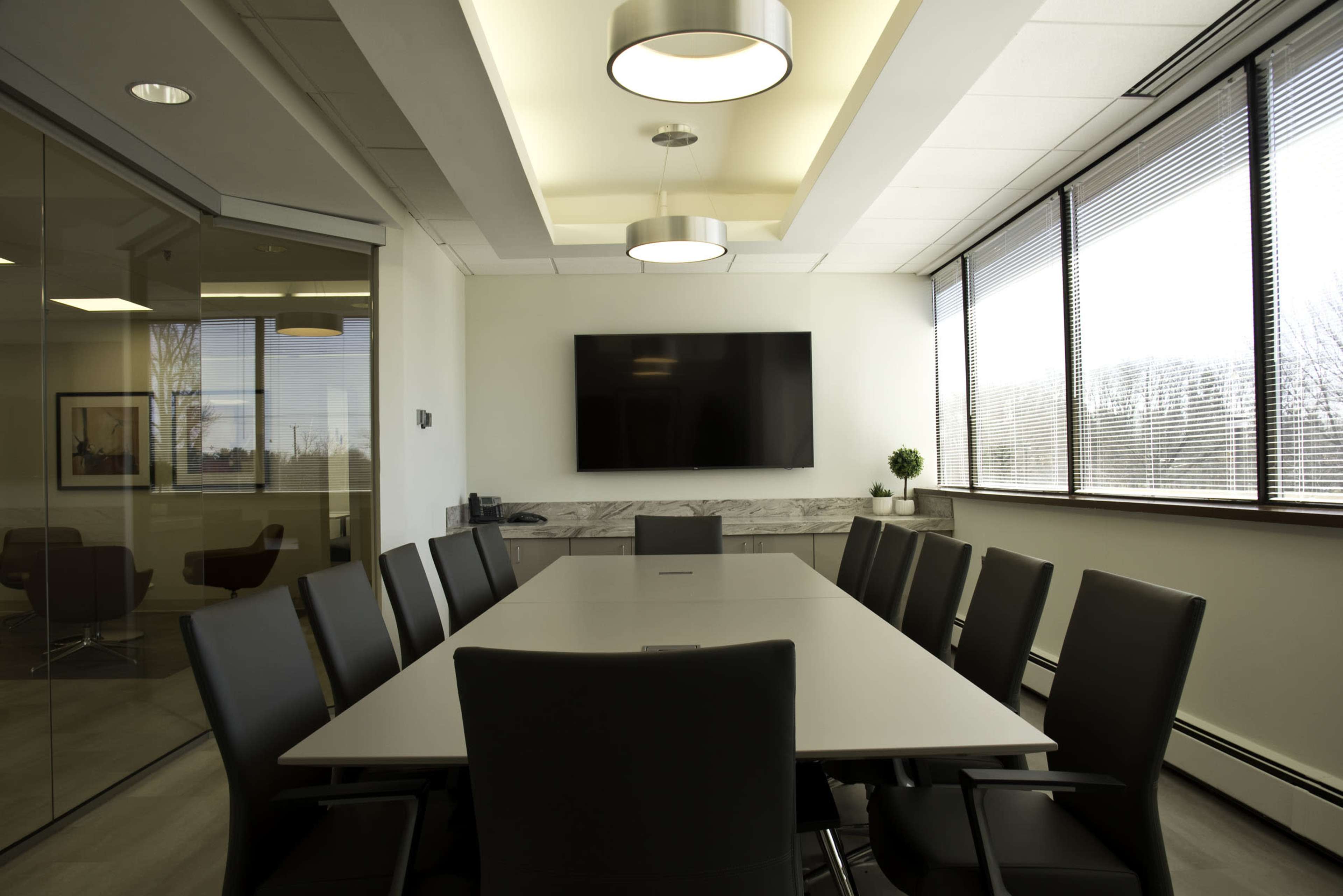 A modern conference room features a long table surrounded by black chairs, with a large flat-screen TV mounted on the wall and natural light streaming in from the windows.