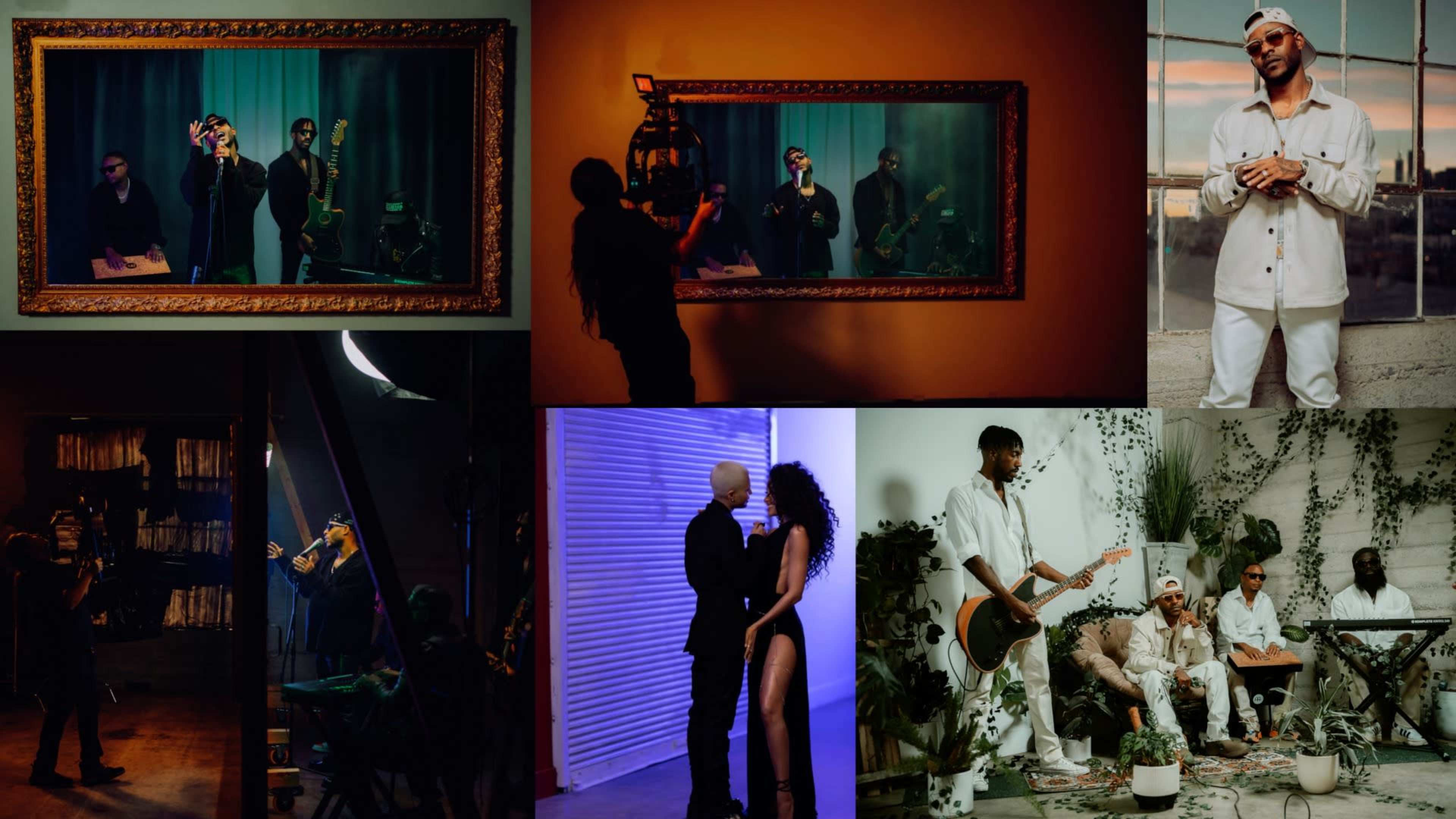 Features various scenes of musicians and performers in a studio or artistic setting, including a band playing instruments, a couple dancing, and individuals preparing for a photoshoot.