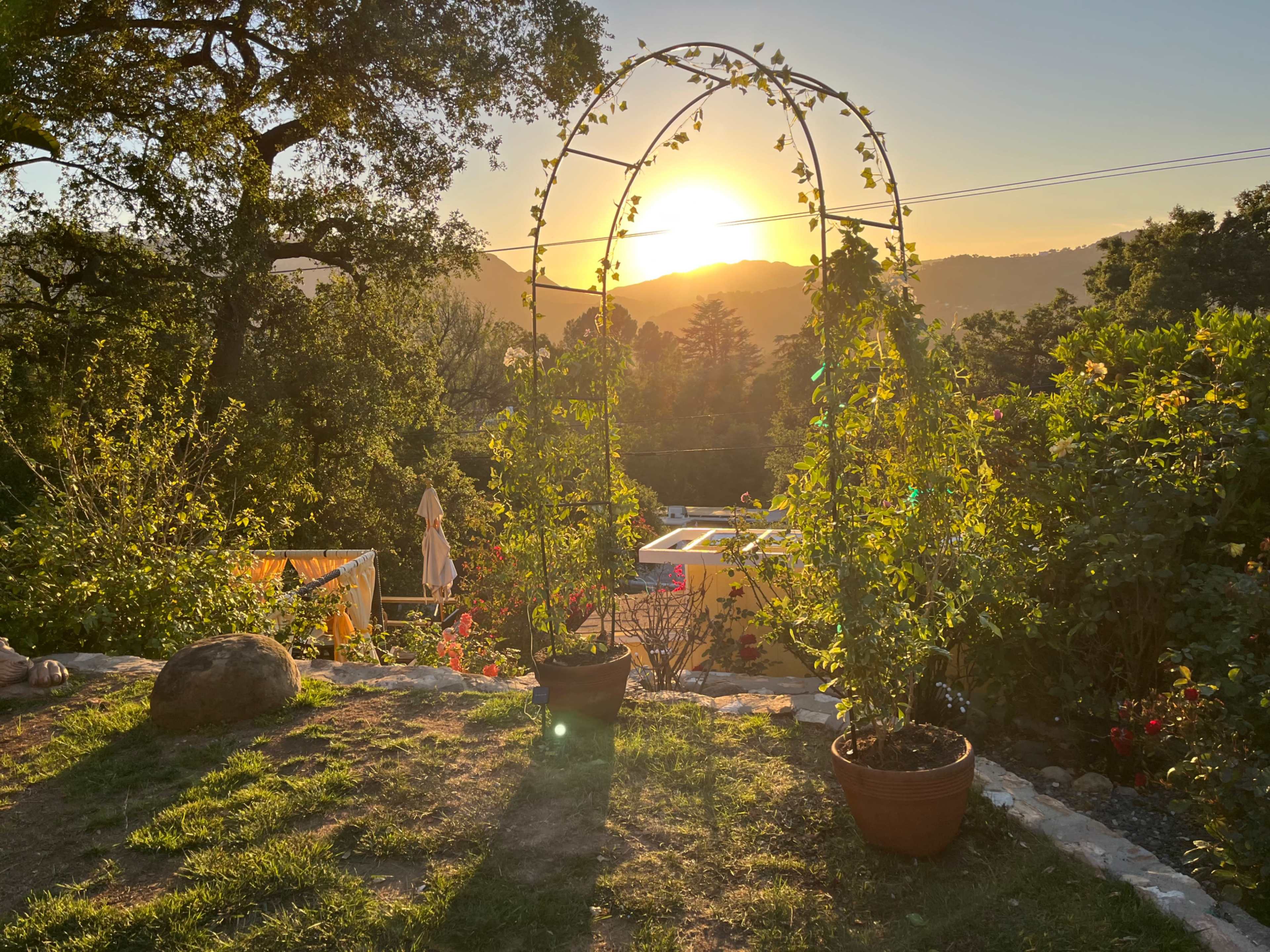 The image shows a garden with a trellised arch framing a sunset over a hillside, with greenery and flowers in the foreground.