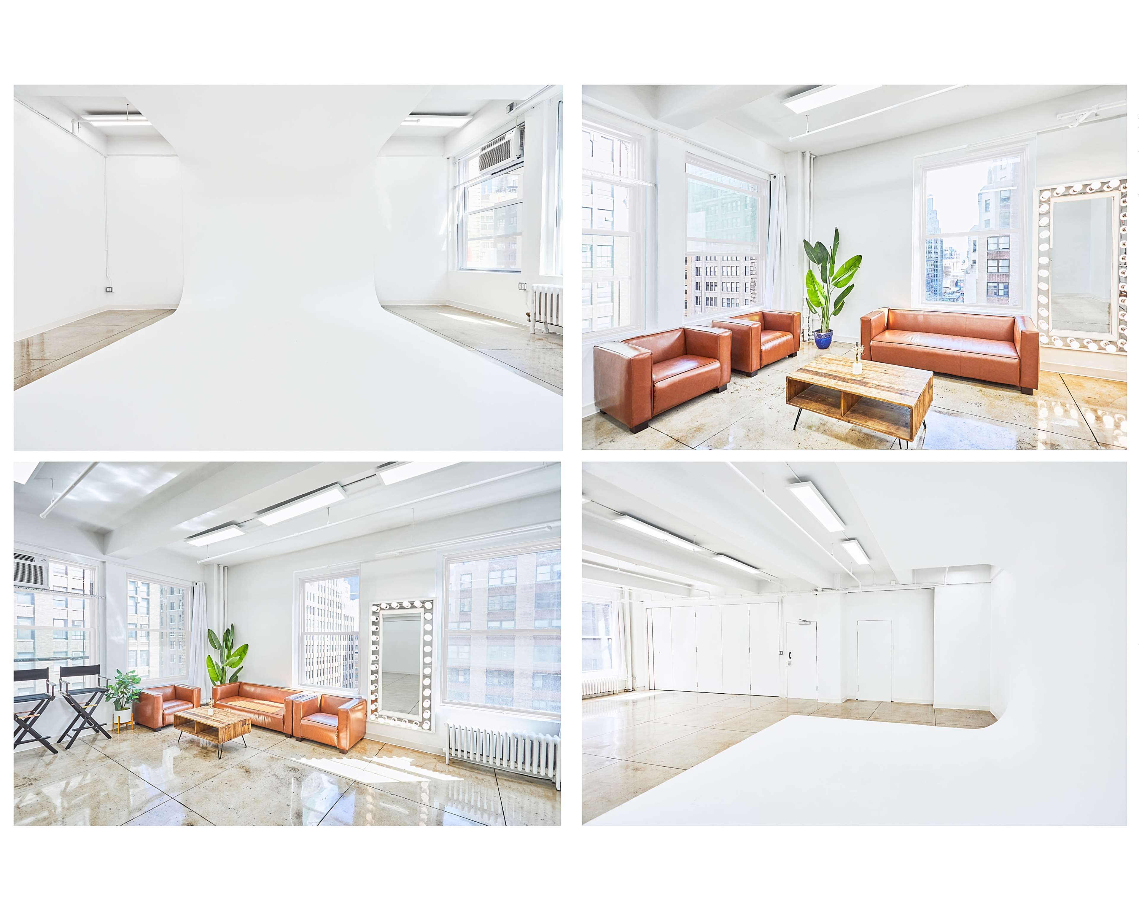 The image shows a bright, spacious studio with a white backdrop, large windows, and minimal furnishings, including two brown leather sofas and a potted plant.