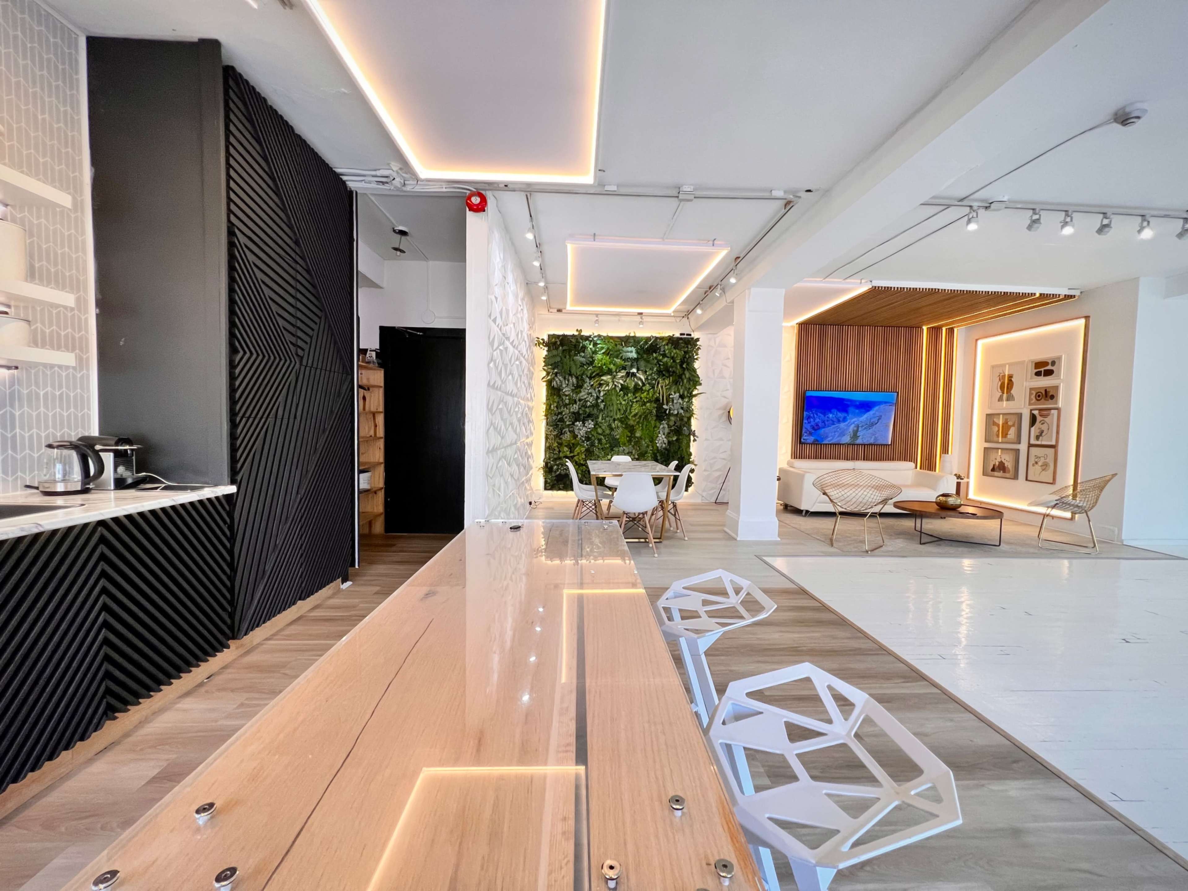 The image shows a modern interior space featuring a kitchen area with a long wooden table and geometric chairs, adjacent to a living area with a TV and plants along the wall.