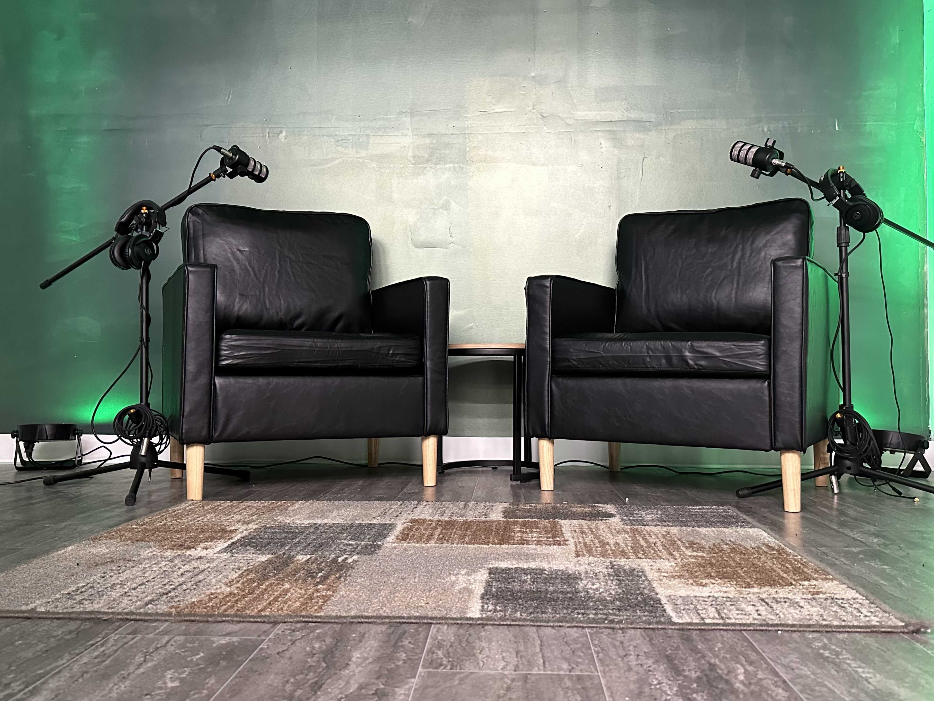 Two black leather chairs are positioned facing each other on a patterned rug, with microphones mounted on stands nearby against a green backdrop.