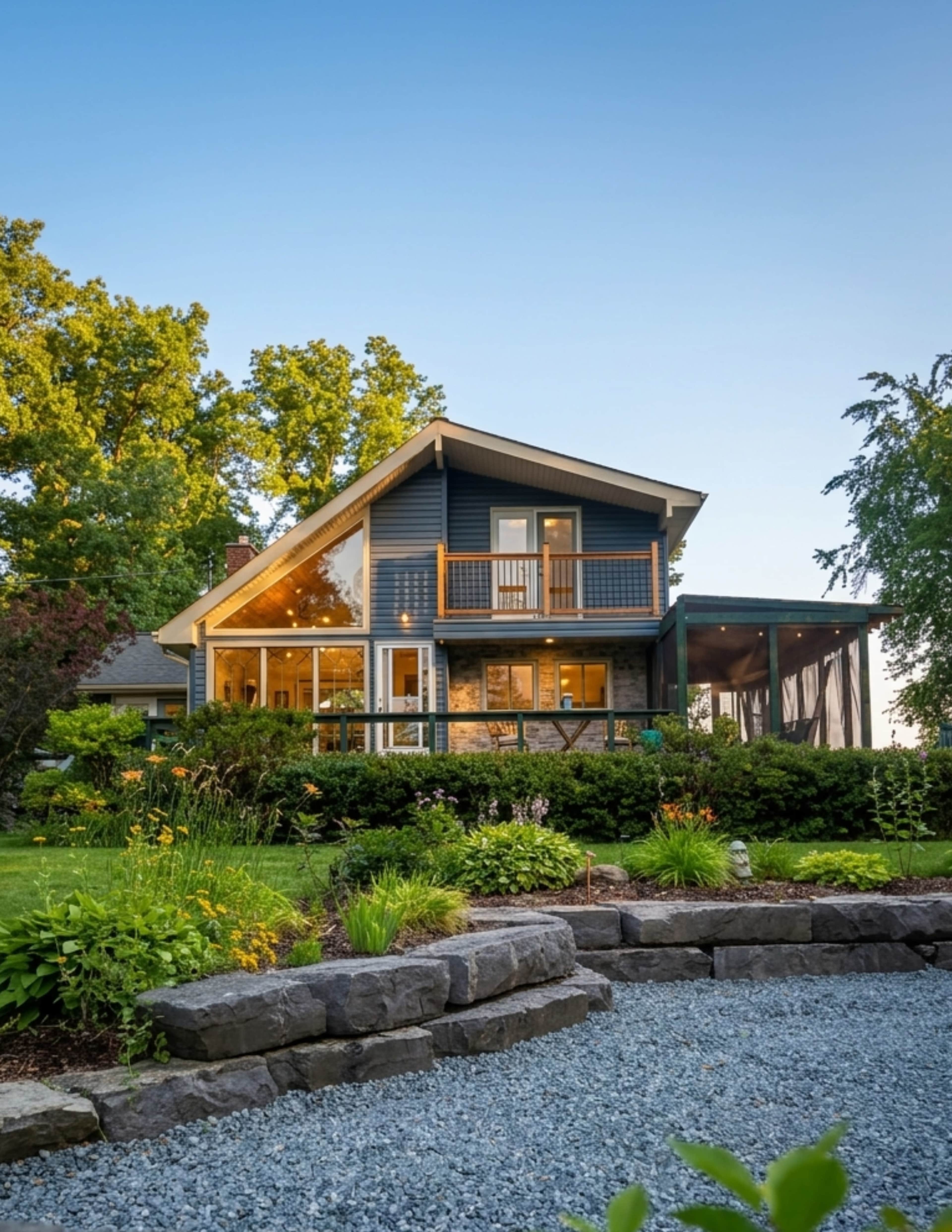 A modern two-story house with large windows is surrounded by lush greenery and a gravel path.