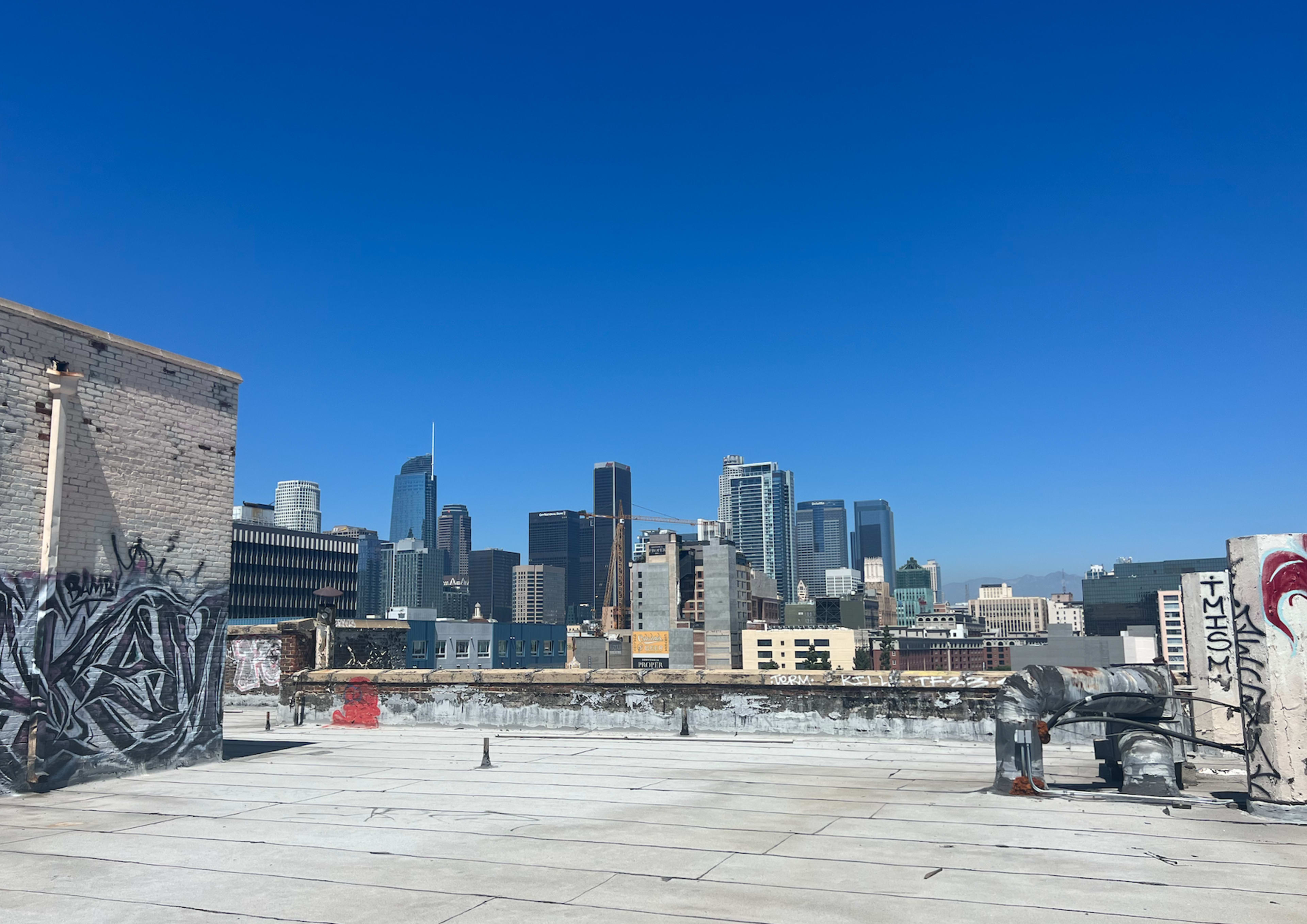 A rooftop with graffiti overlooking a city skyline under a clear blue sky.