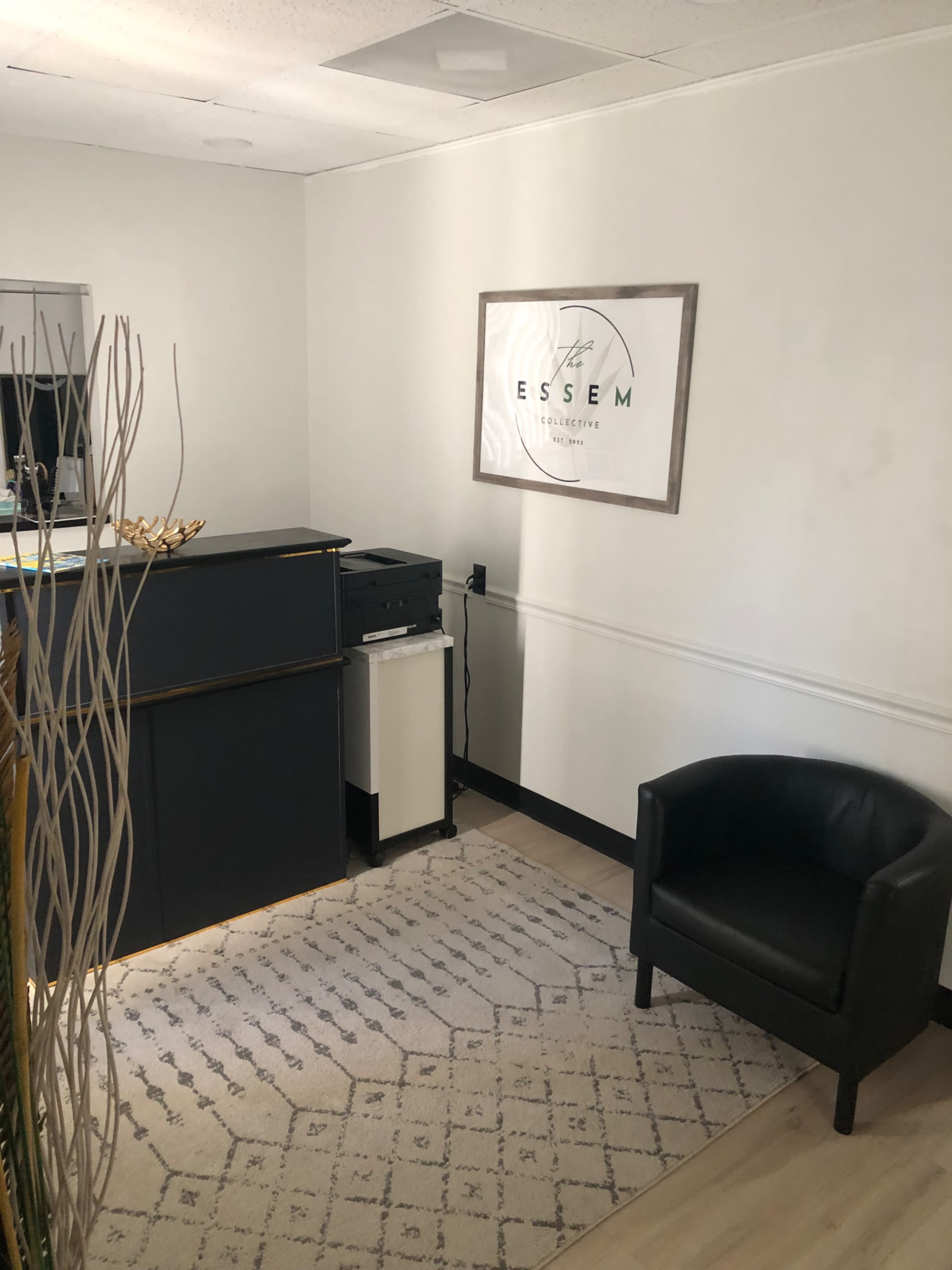 The image shows a small office interior with a black reception desk, a printer, and a black armchair, along with a decorative rug and a framed wall sign.