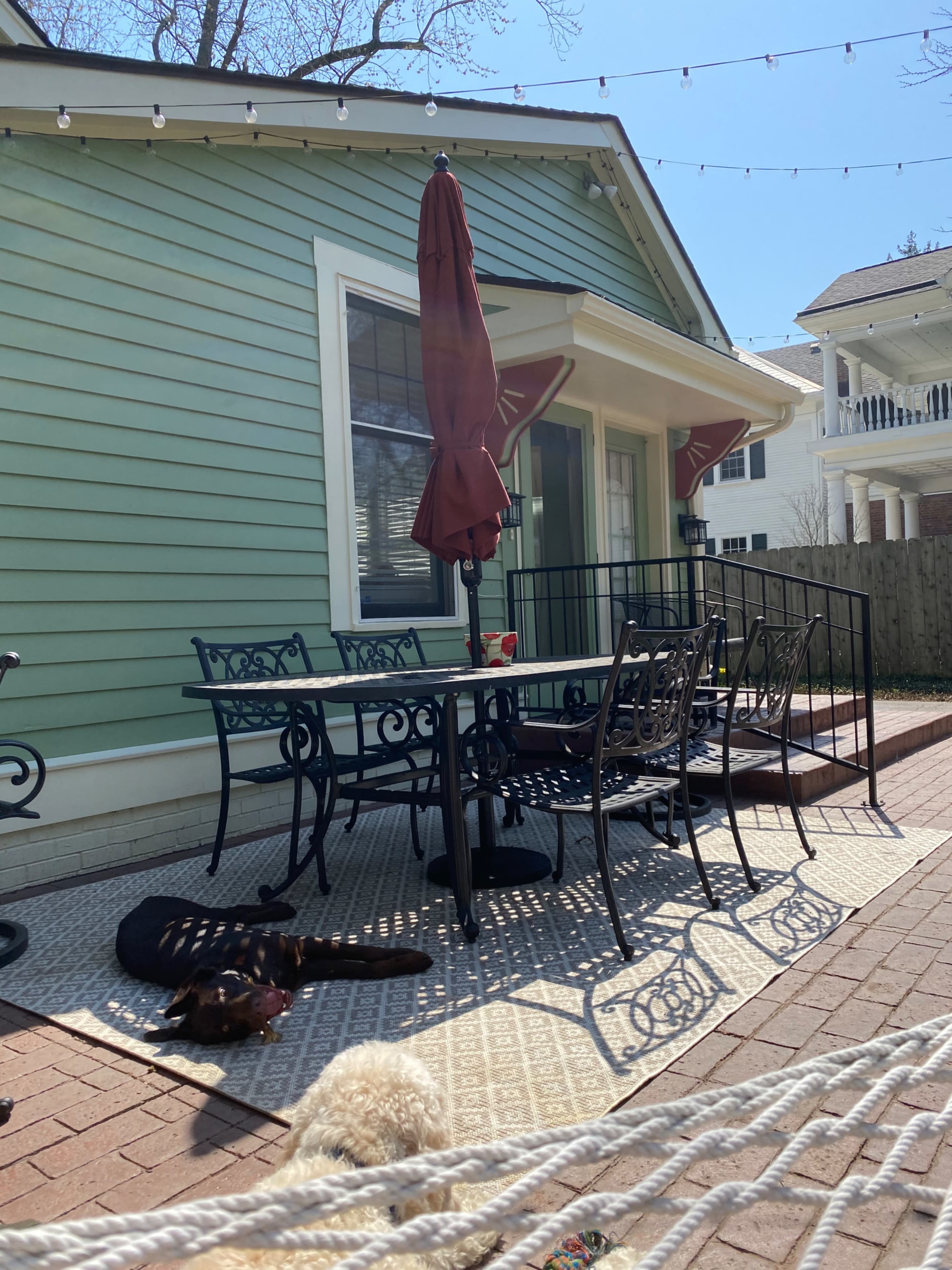 A patio area features a table with six chairs, an umbrella, and a patterned rug, alongside two dogs lounging on the brick ground.