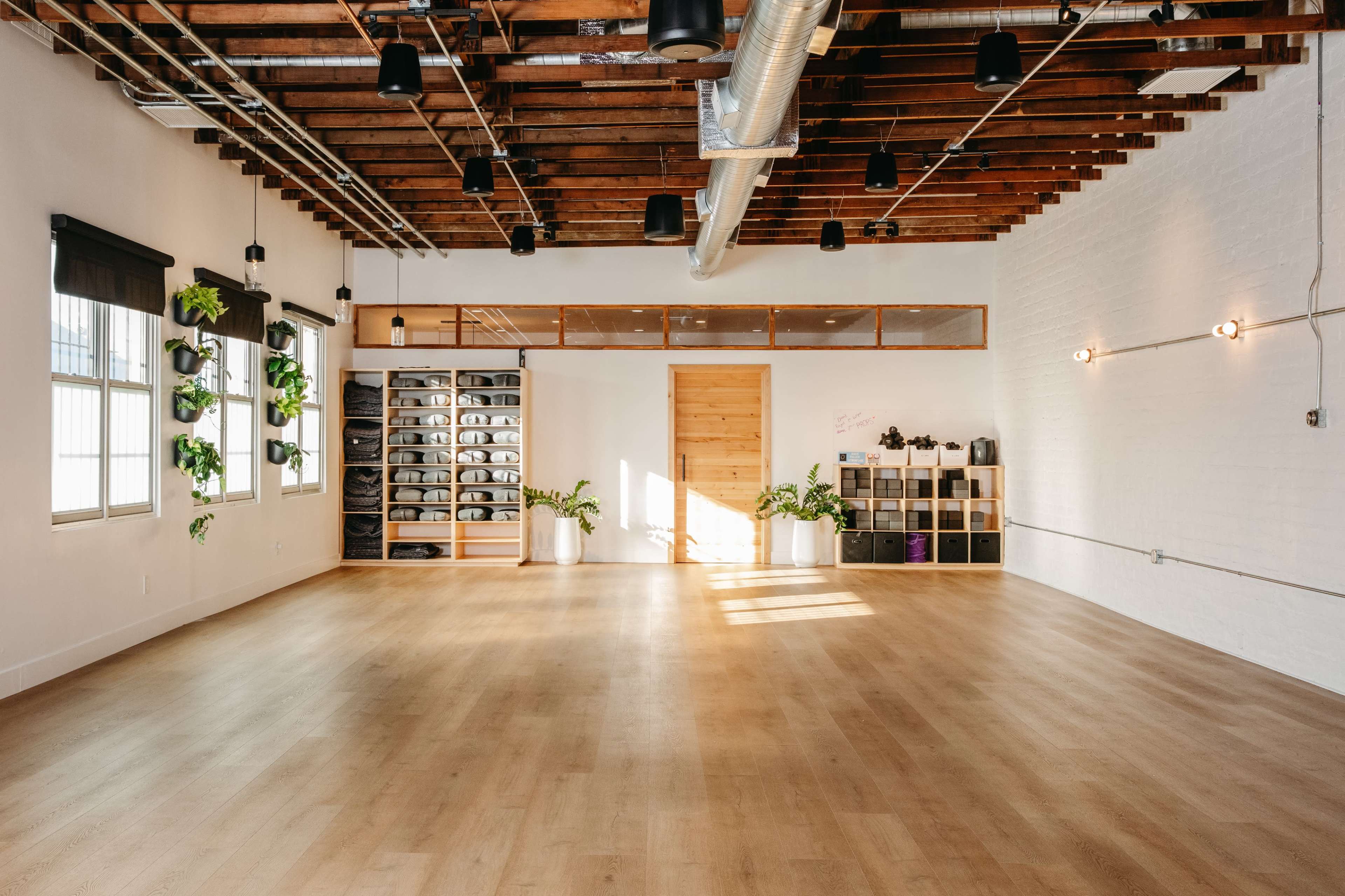 A spacious, well-lit room with high wooden beams, plants on the walls, and shelves filled with items.