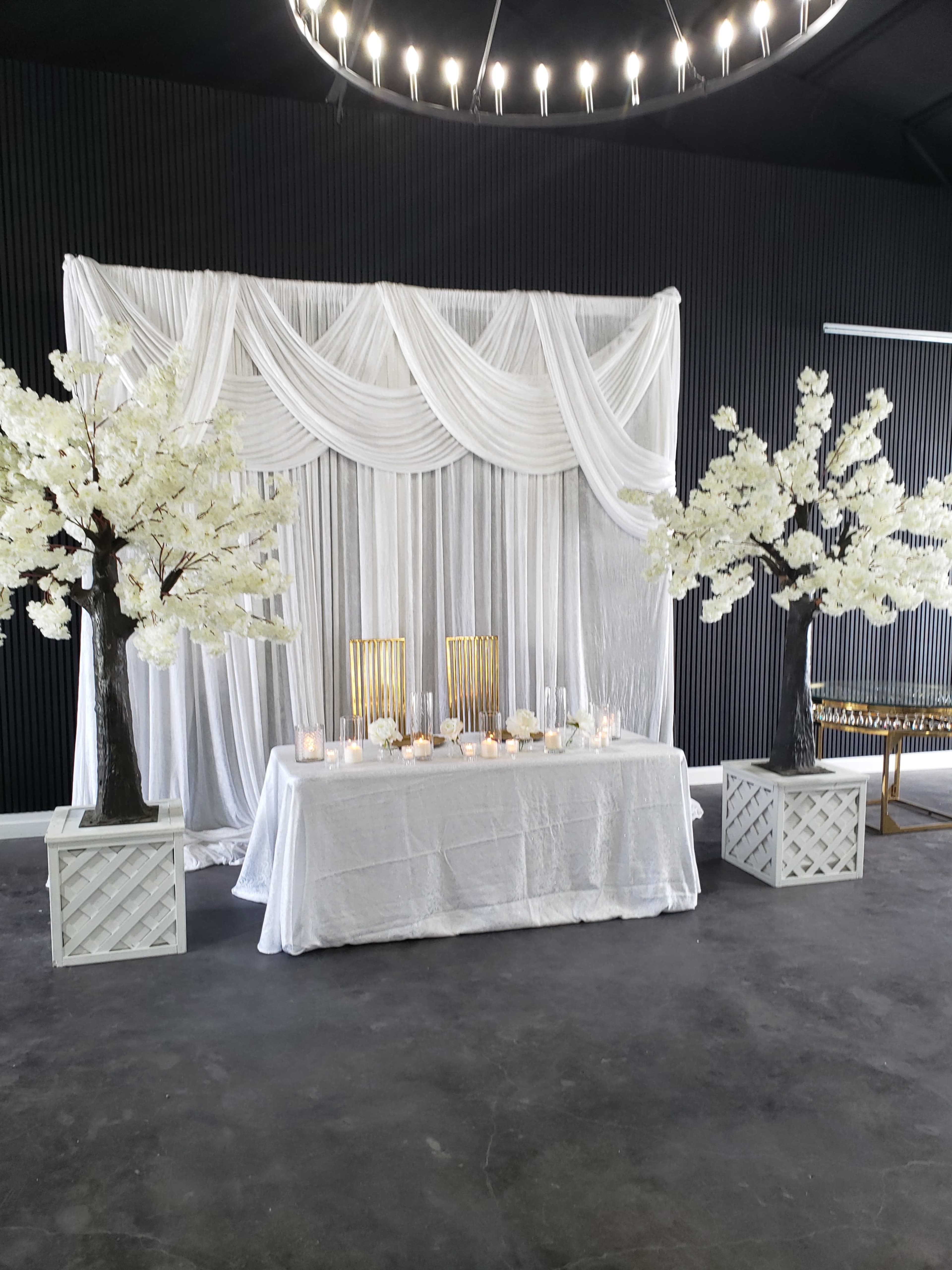 The image shows a decorated event space featuring a white draped backdrop with a table in front, adorned with candles and two artificial trees with white flowers on either side.