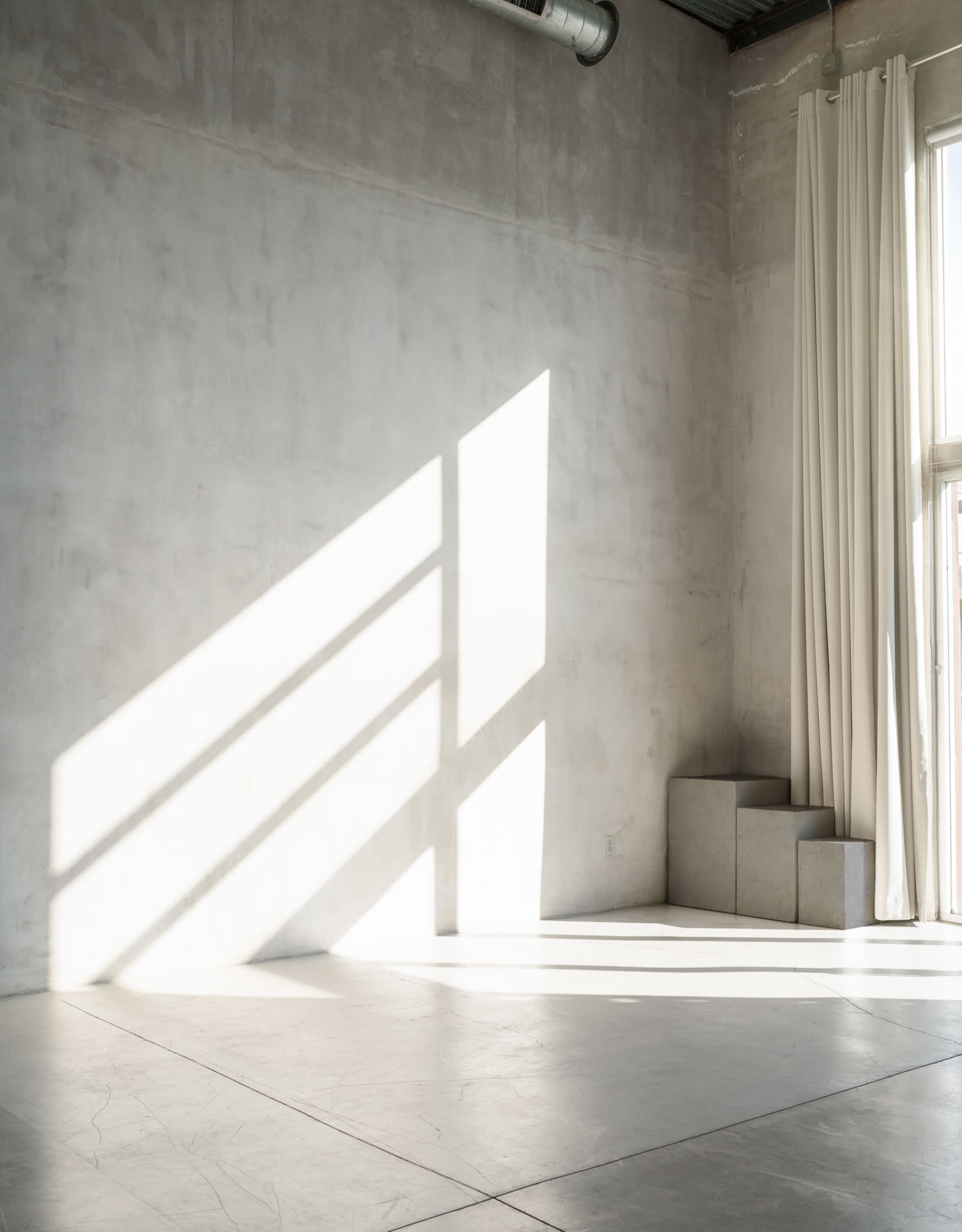 Sunlight creates geometric shadows on the concrete floor of a minimalist room with large windows and white curtains.