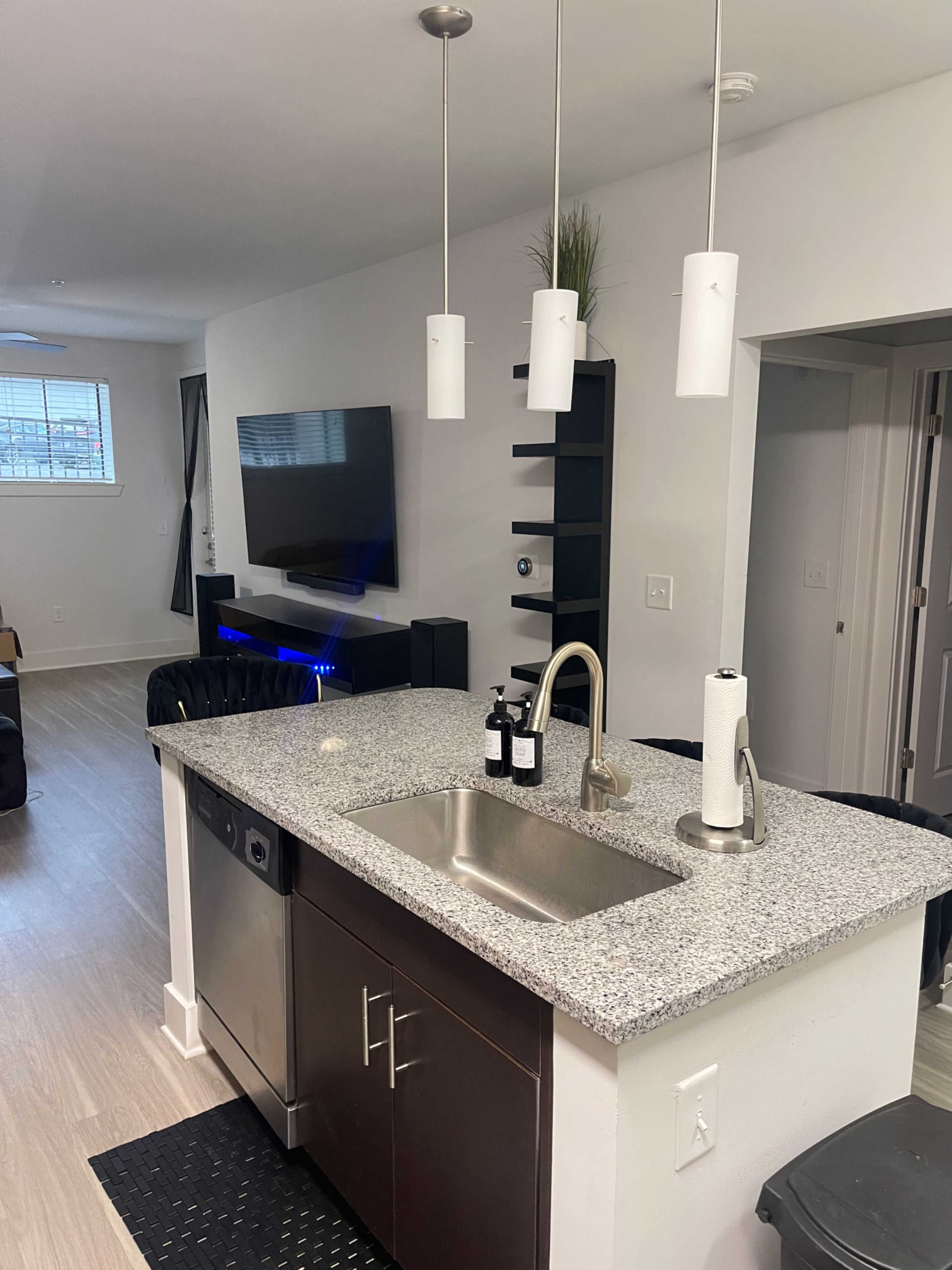 The image shows a modern kitchen with a granite countertop, stainless steel appliances, and pendant lighting, overlooking a living area with a TV and shelves.
