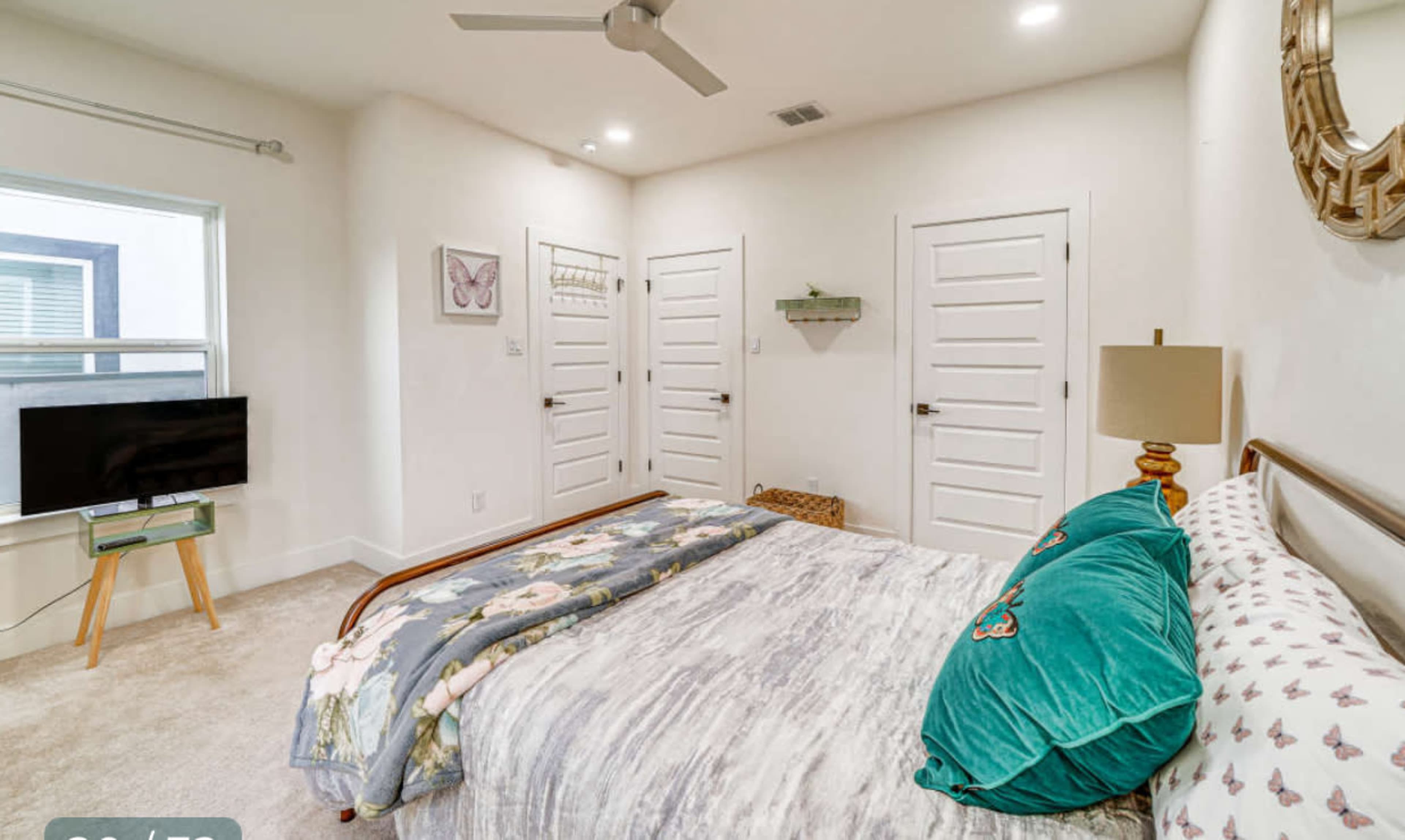 The image shows a modern bedroom featuring a bed with a patterned throw blanket, a television on a stand, and three white doors along one wall.