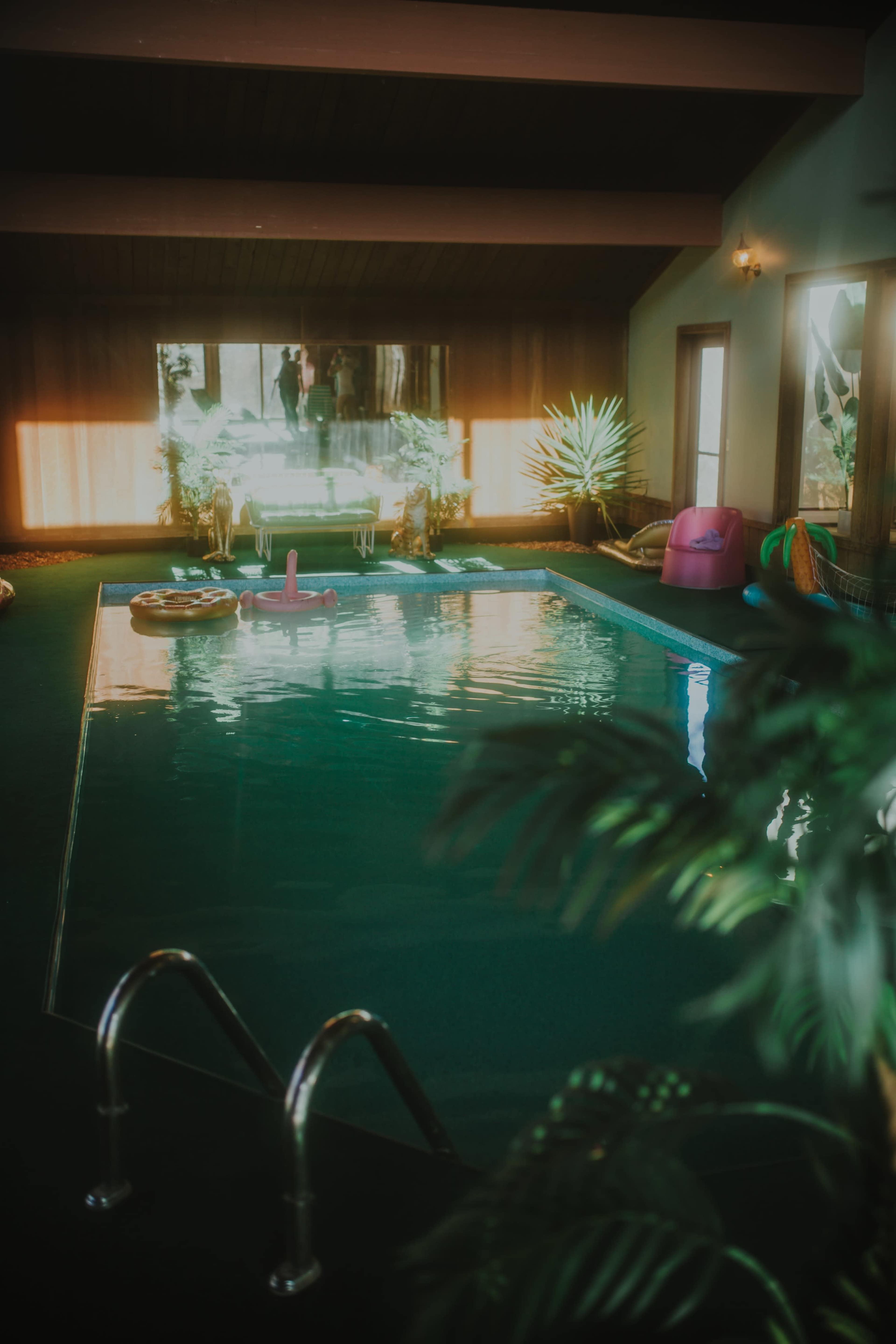 An indoor swimming pool surrounded by plants and colorful floatation devices.