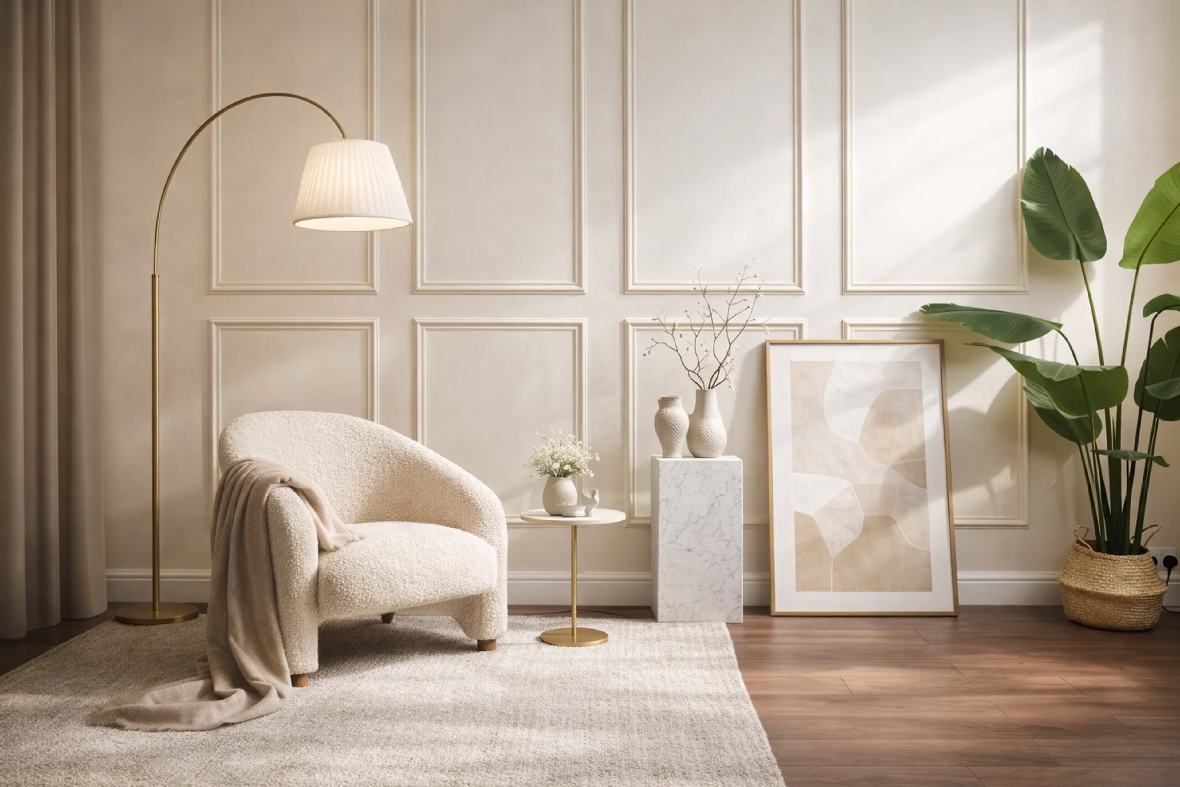 The image features a cozy living room setup with a cream-colored armchair, a decorative side table, a floor lamp, a large potted plant, and various art pieces against a light, textured wall.