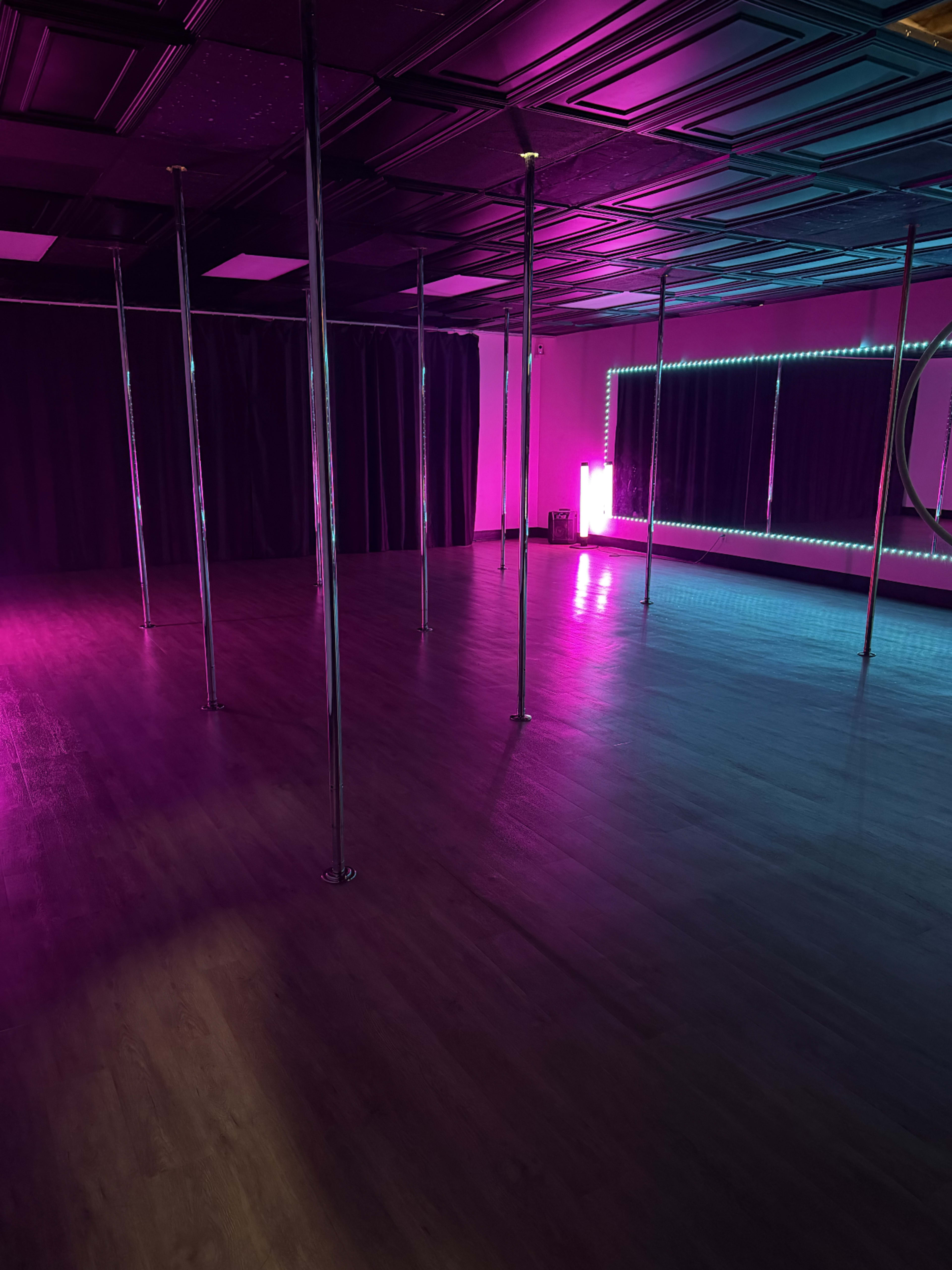Pole Dance & Recording Space in Valley Mall with Poles or Open Dance Floor, We Provide a Neon Light Experience Image in El Monte, El Monte, CA