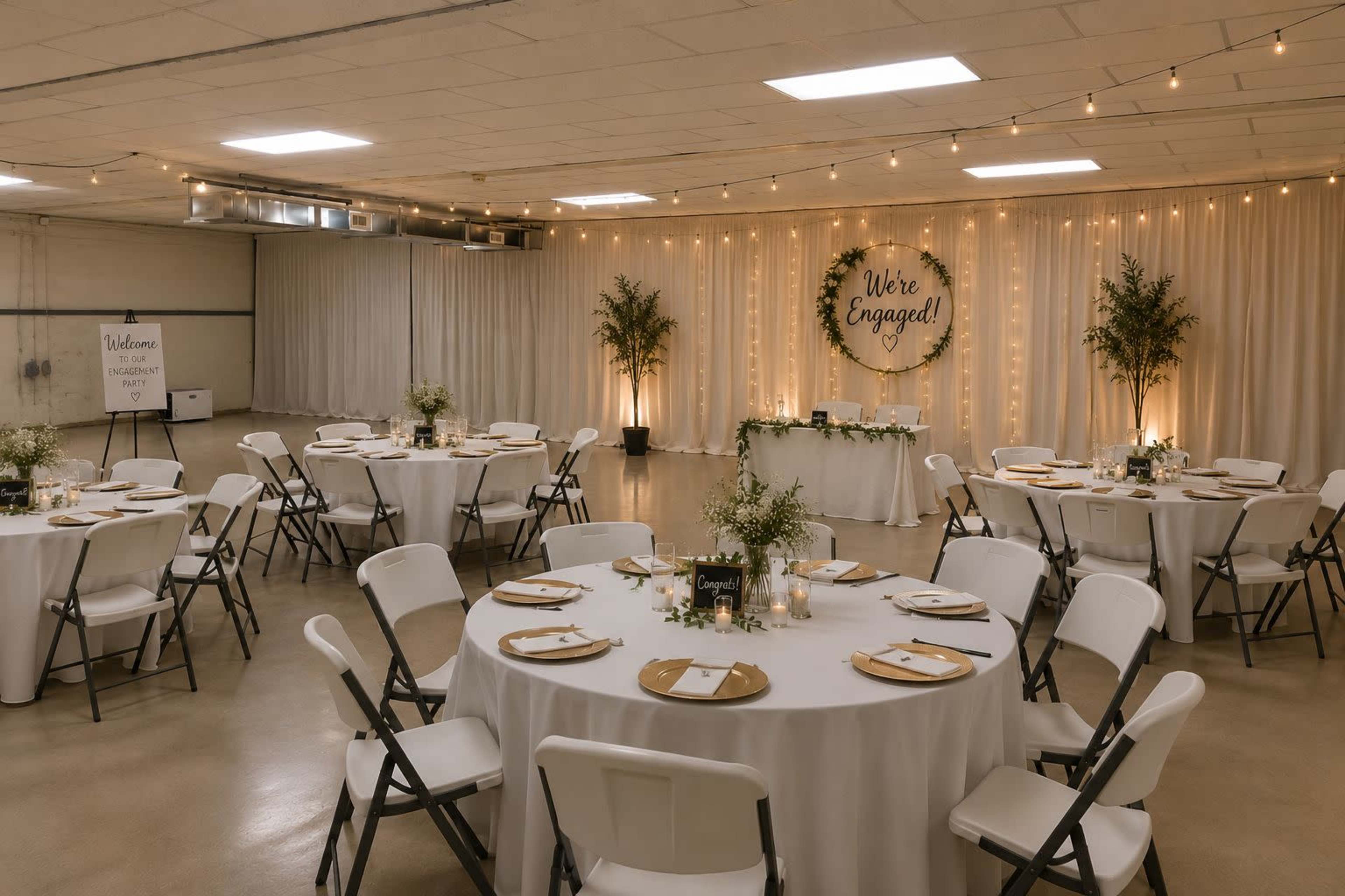The image shows a brightly lit event space with round tables set for a celebration, featuring a decorated backdrop that reads "We're Engaged!" and string lights overhead.