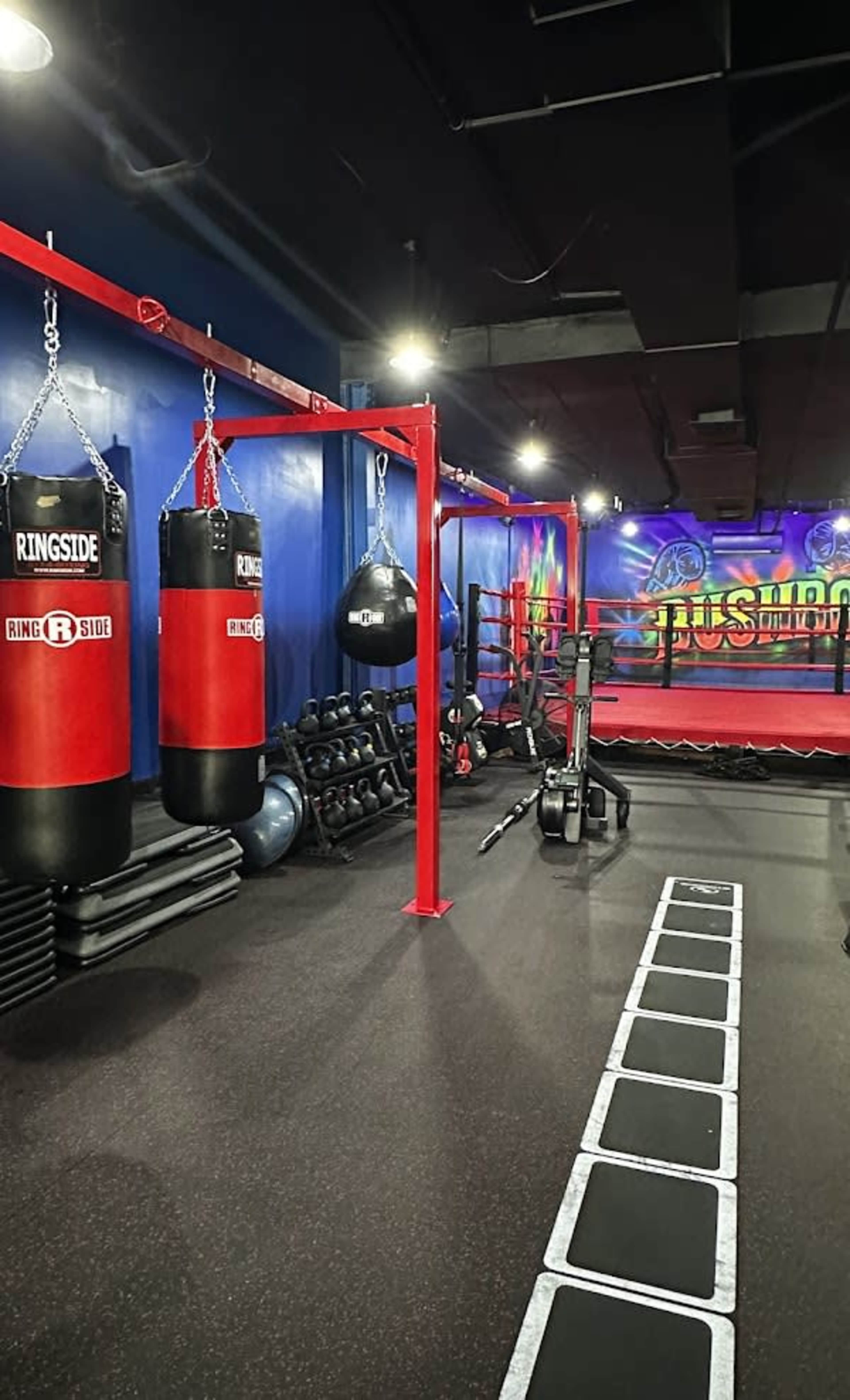 The image shows a well-equipped gym interior featuring boxing bags, exercise equipment, and a training area with a boxing ring.