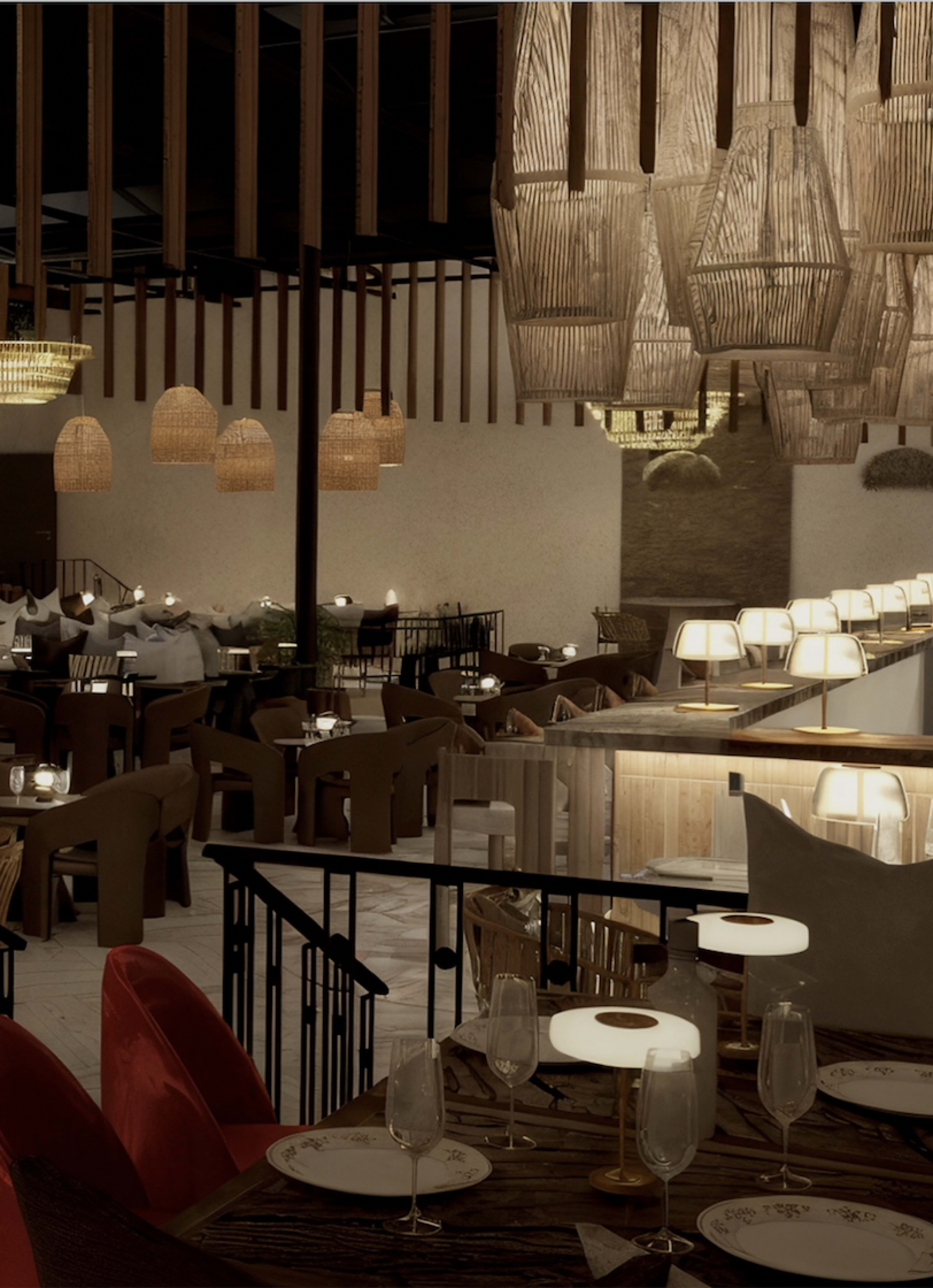 The image shows a modern restaurant interior with wooden furnishings, decorative lighting, and a variety of seating arrangements.